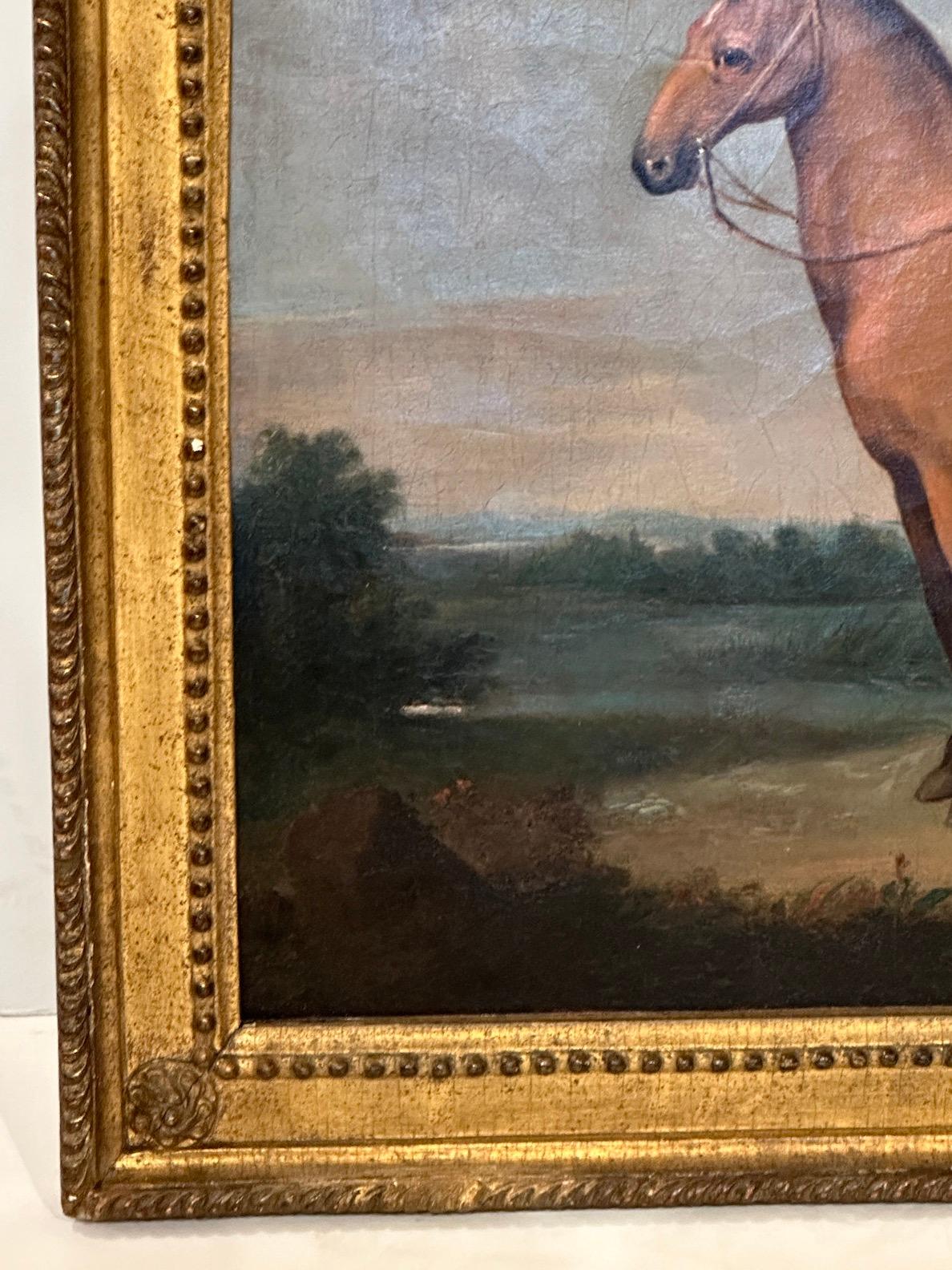 Charming oil on canvas of a horse surrounded by lush landscape in a period frame.