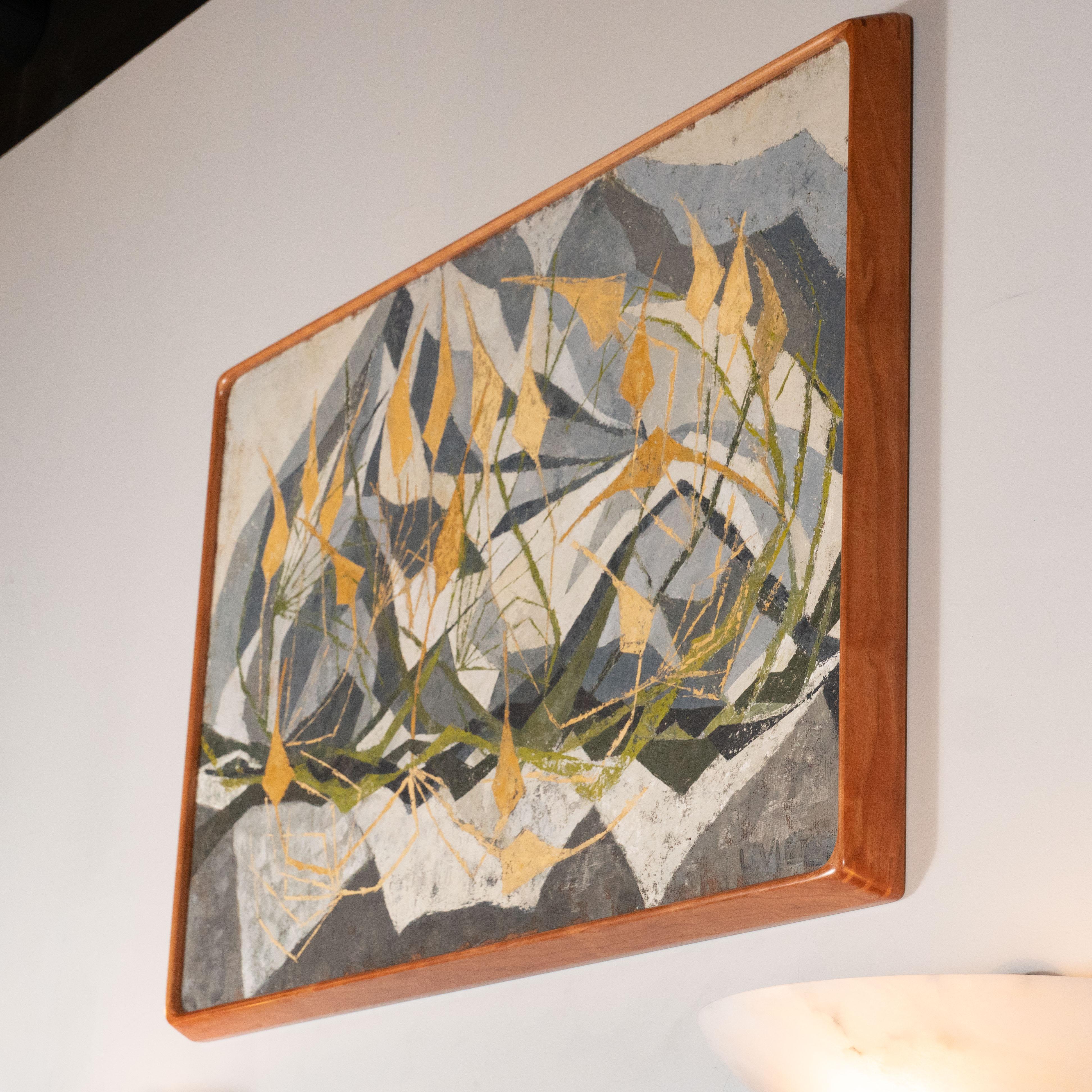 This refined Mid Century Modern abstract painting was realized in the United States, circa 1960. A collection of wheat colored tendrils attached to kite-like forms spring up against a background mosaic of geometric forms in grisaille tones. There is