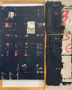 Abstract, black, red, large canvas, wooden frame, painting