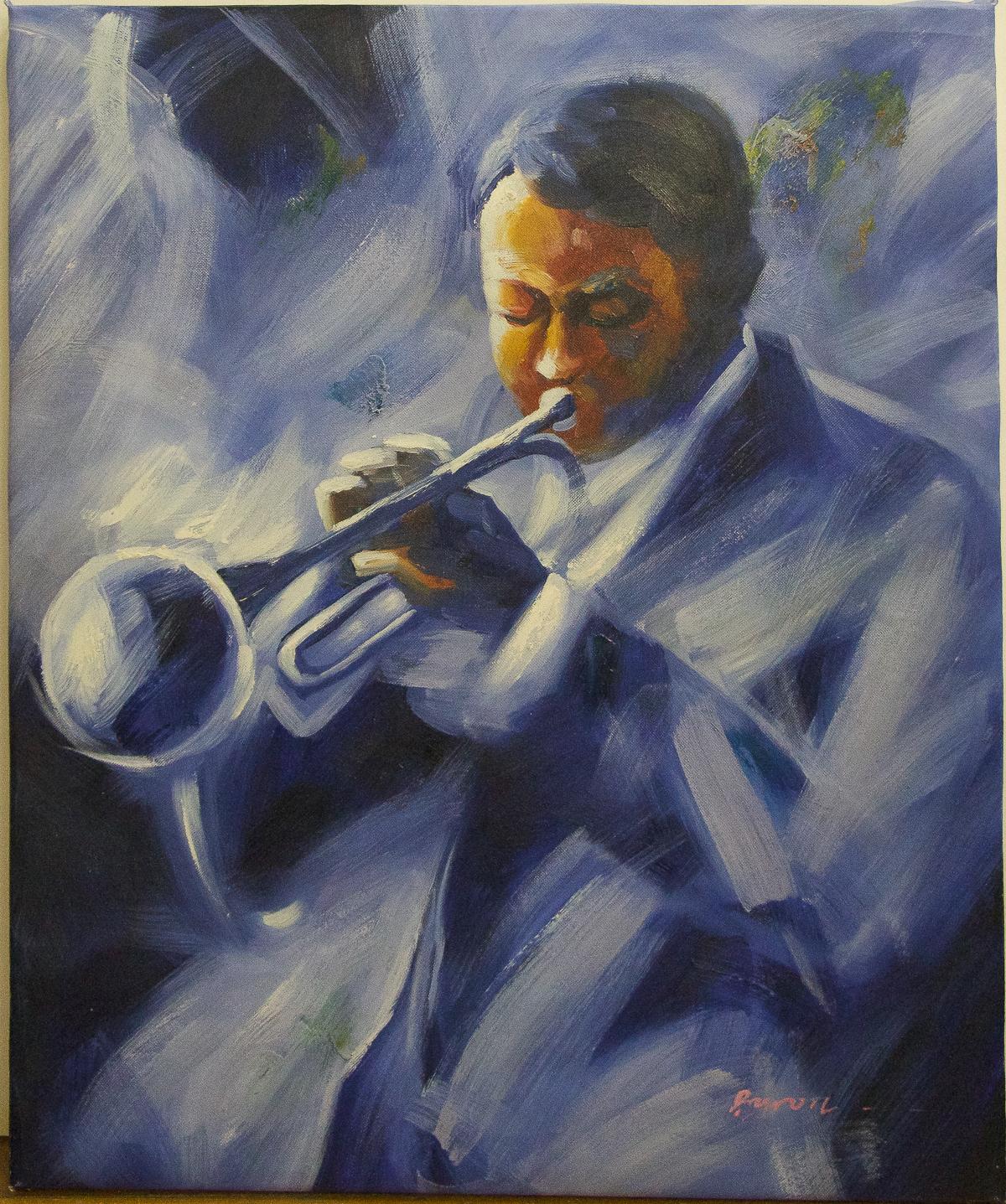Portrait Painting Unknown - Peinture sur toile signée « Untitled (Jazz Musician) » 