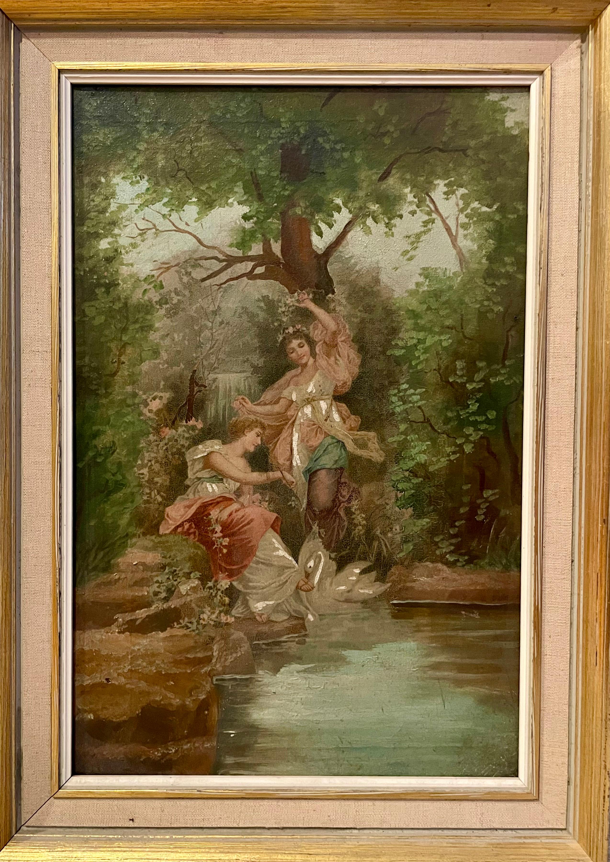 Untitled (Nymphs at Swan Pond) - Painting by Unknown