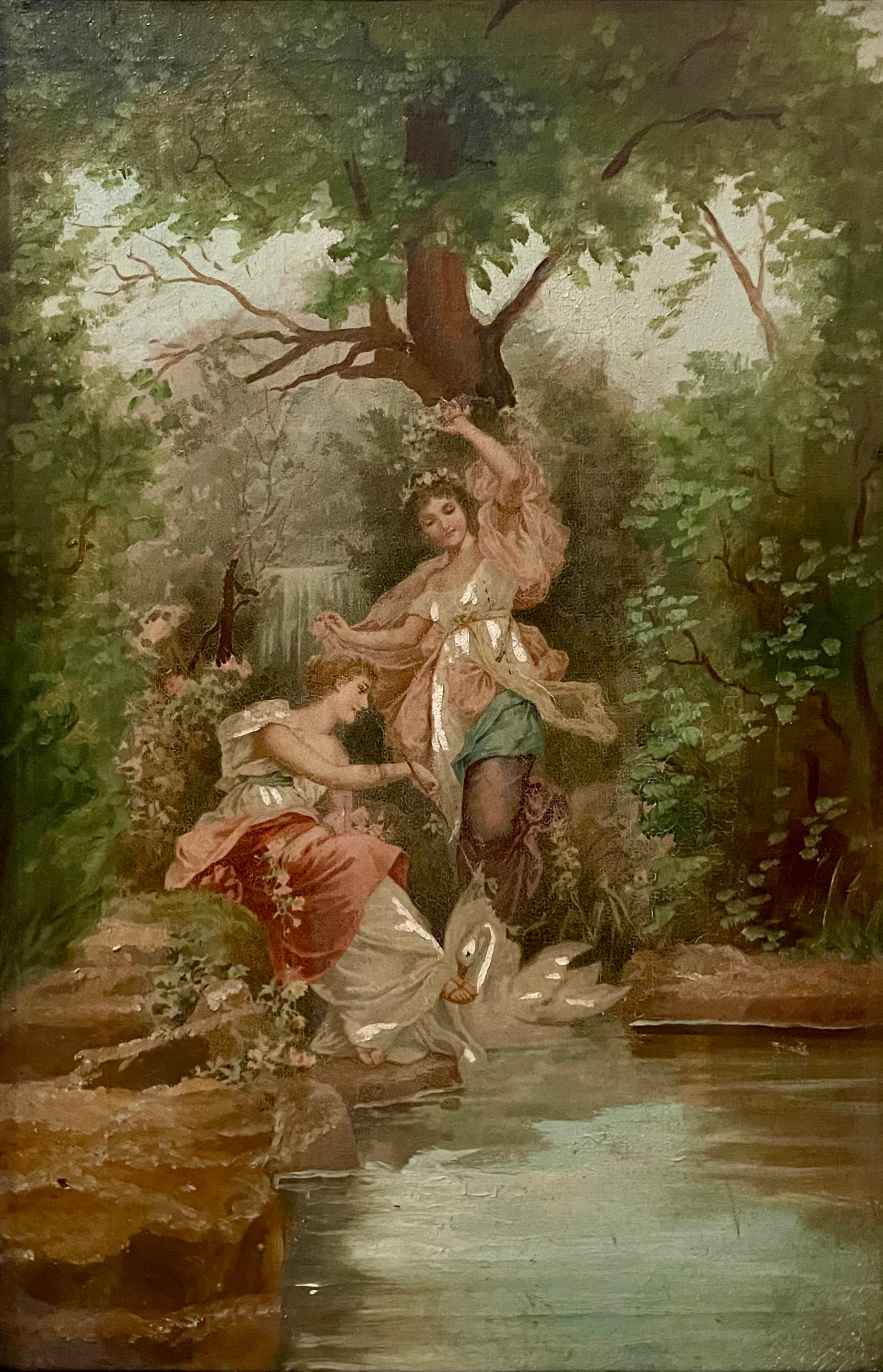 Unknown Figurative Painting - Untitled (Nymphs at Swan Pond)