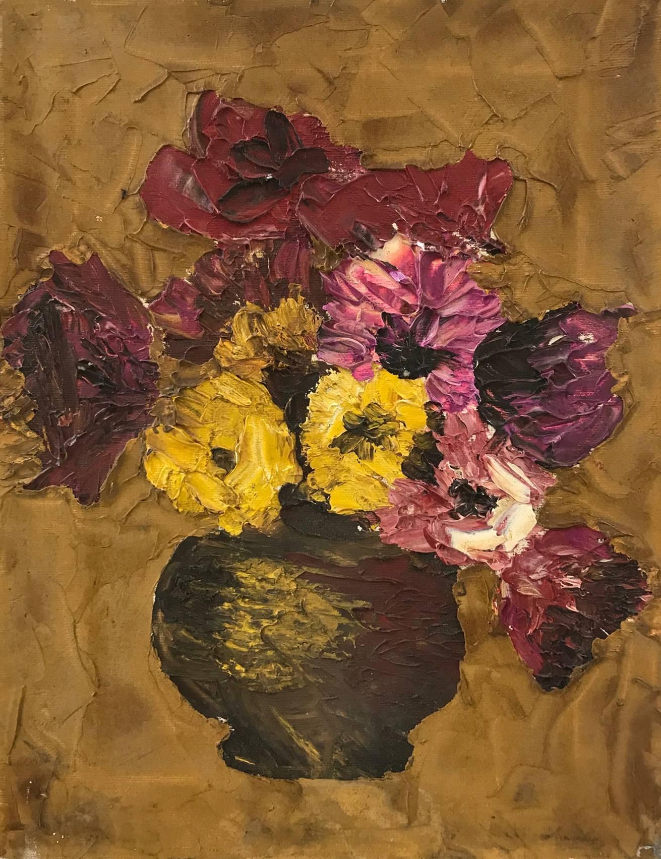 Unknown Still-Life Painting - Untitled: Purple, Pink, Yellow Floral Still Life