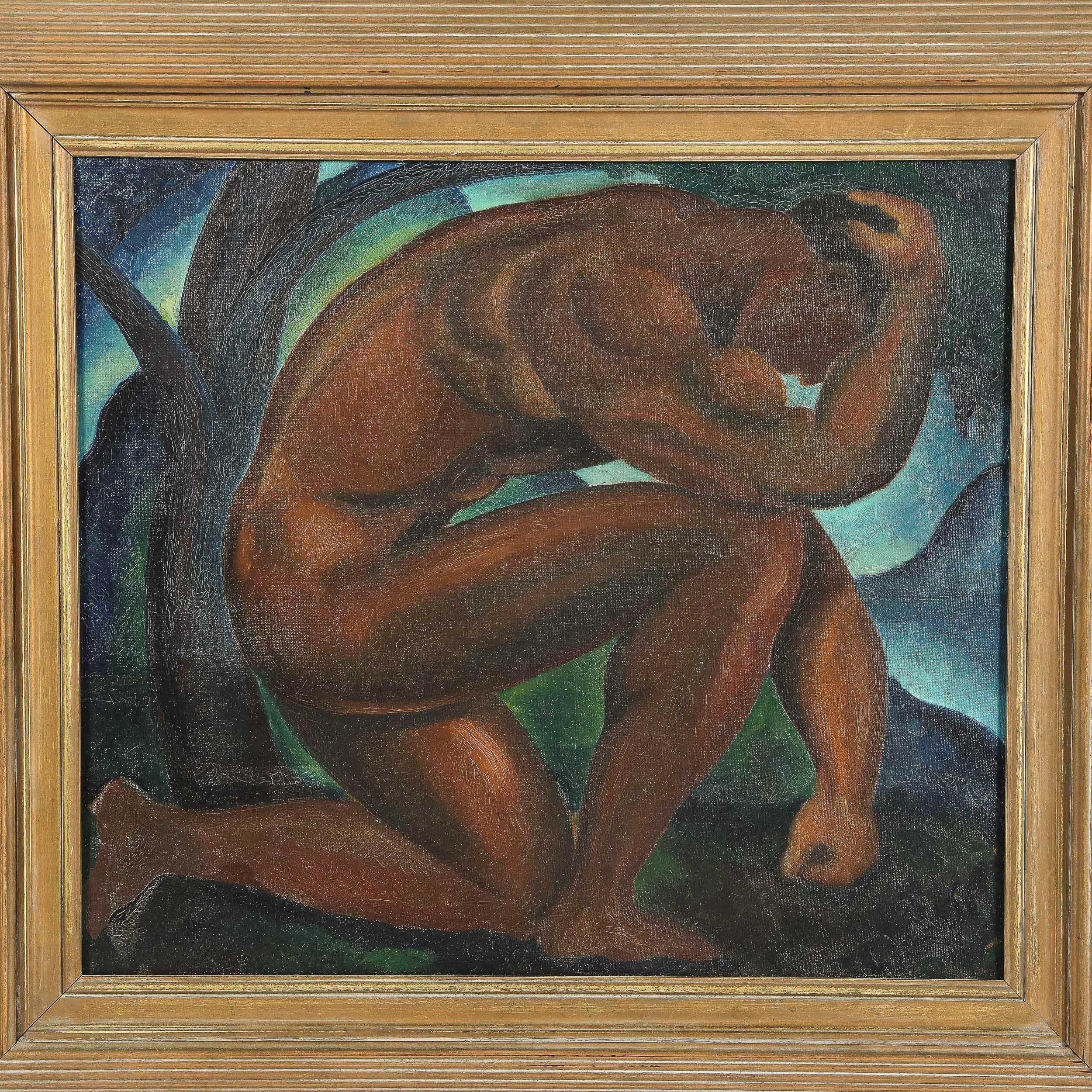 This elegant Art Deco oil painting on canvas was realized in Sweden, circa 1945. It presents a stylized nude man crouching against a sea of abstract forms in tones of forest green, midnight blue and cornflower. The figure's posture loosely recalls