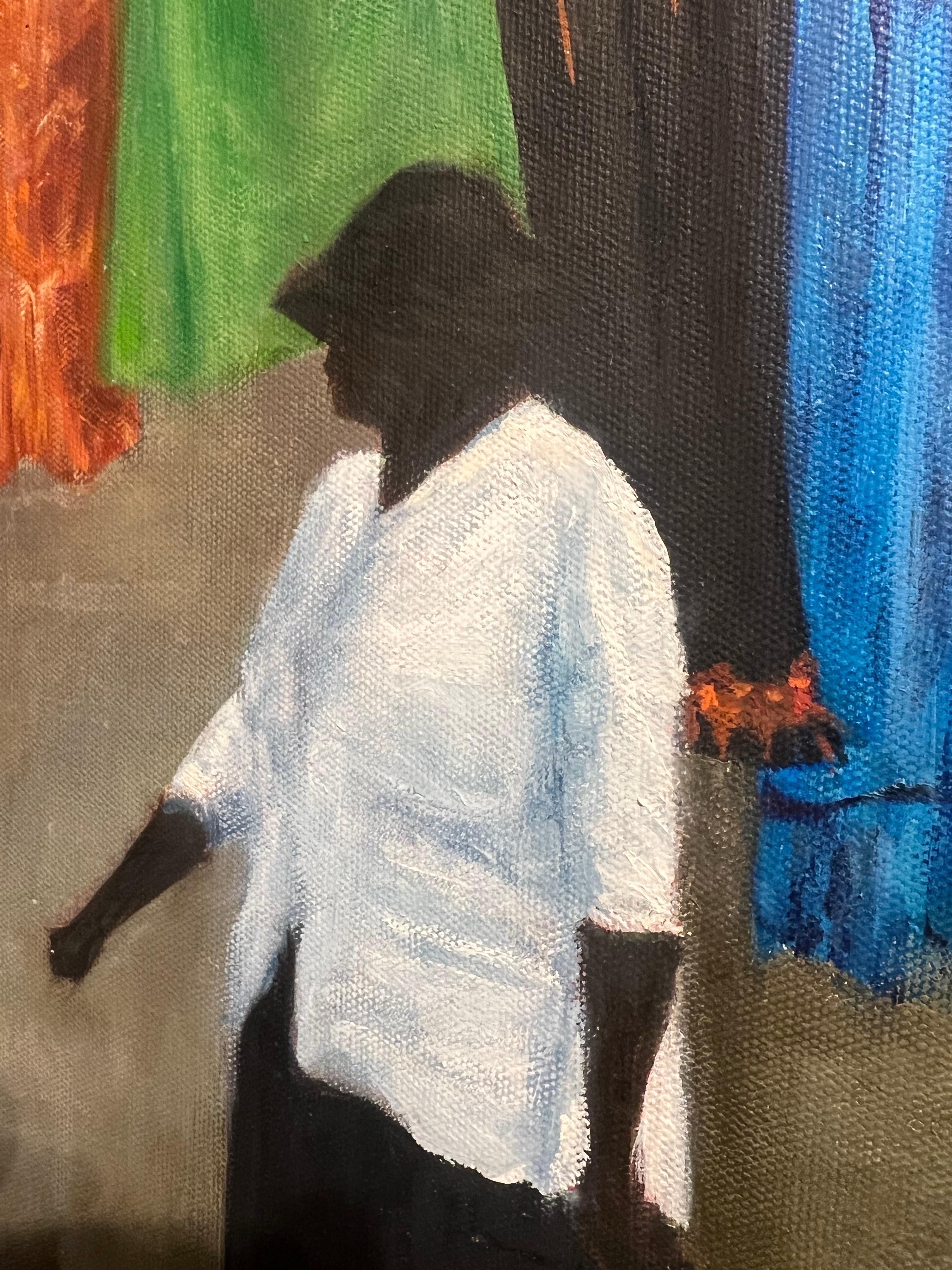 Ohne Titel, Frau, die im Freien geht, Wäsche geht in die Wäsche (Grau), Figurative Painting, von Unknown