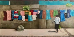 Untitled, Woman walking outdoor, past laundry