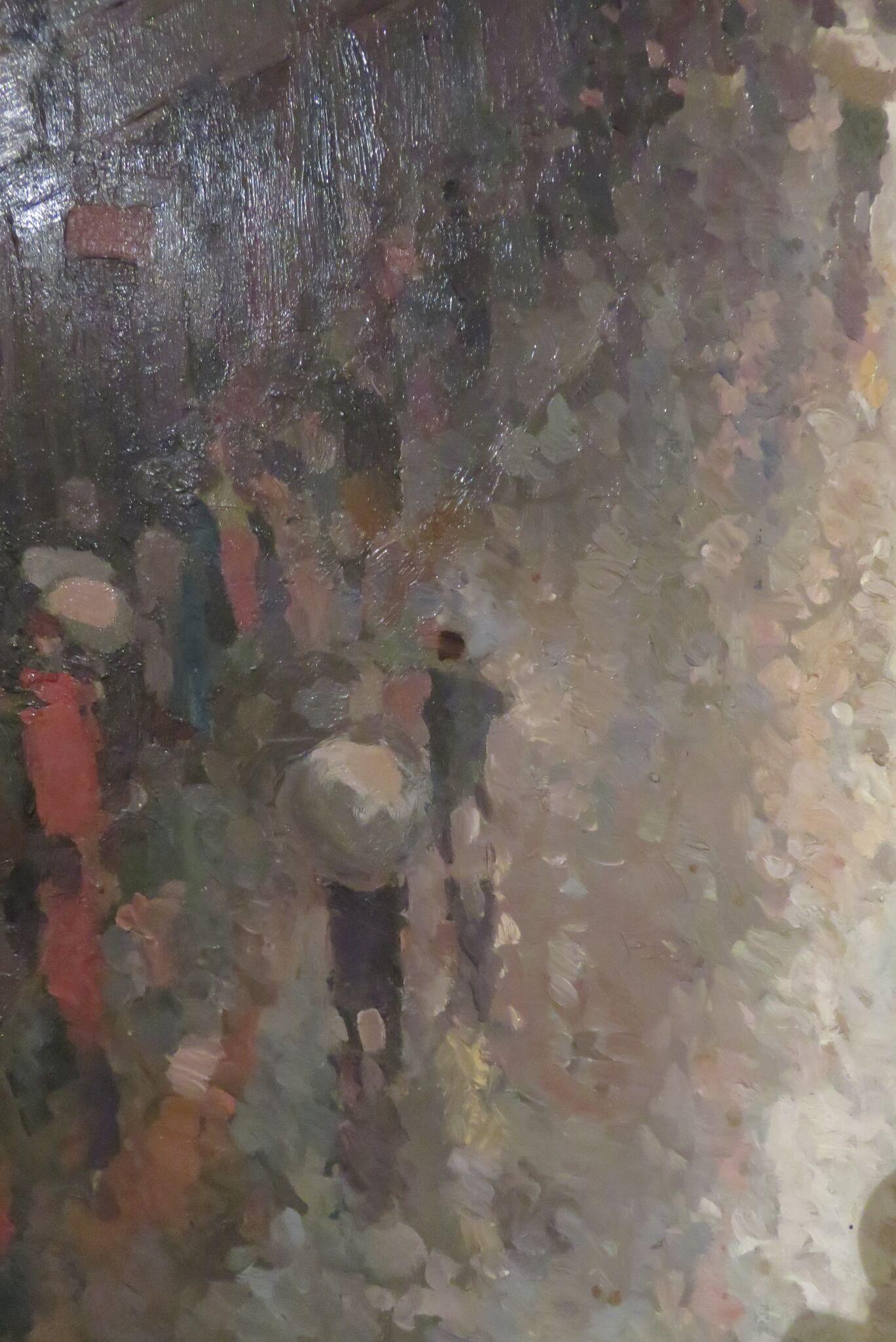 Insolito dipinto a olio inglese della metà del XX secolo - Exeter High Street On A Wet Day - Painting Postimpressionismo di Unknown