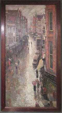 Peinture à l'huile anglaise inhabituelle datant du 20e siècle dernier - Exeter High Street on A Wet Day