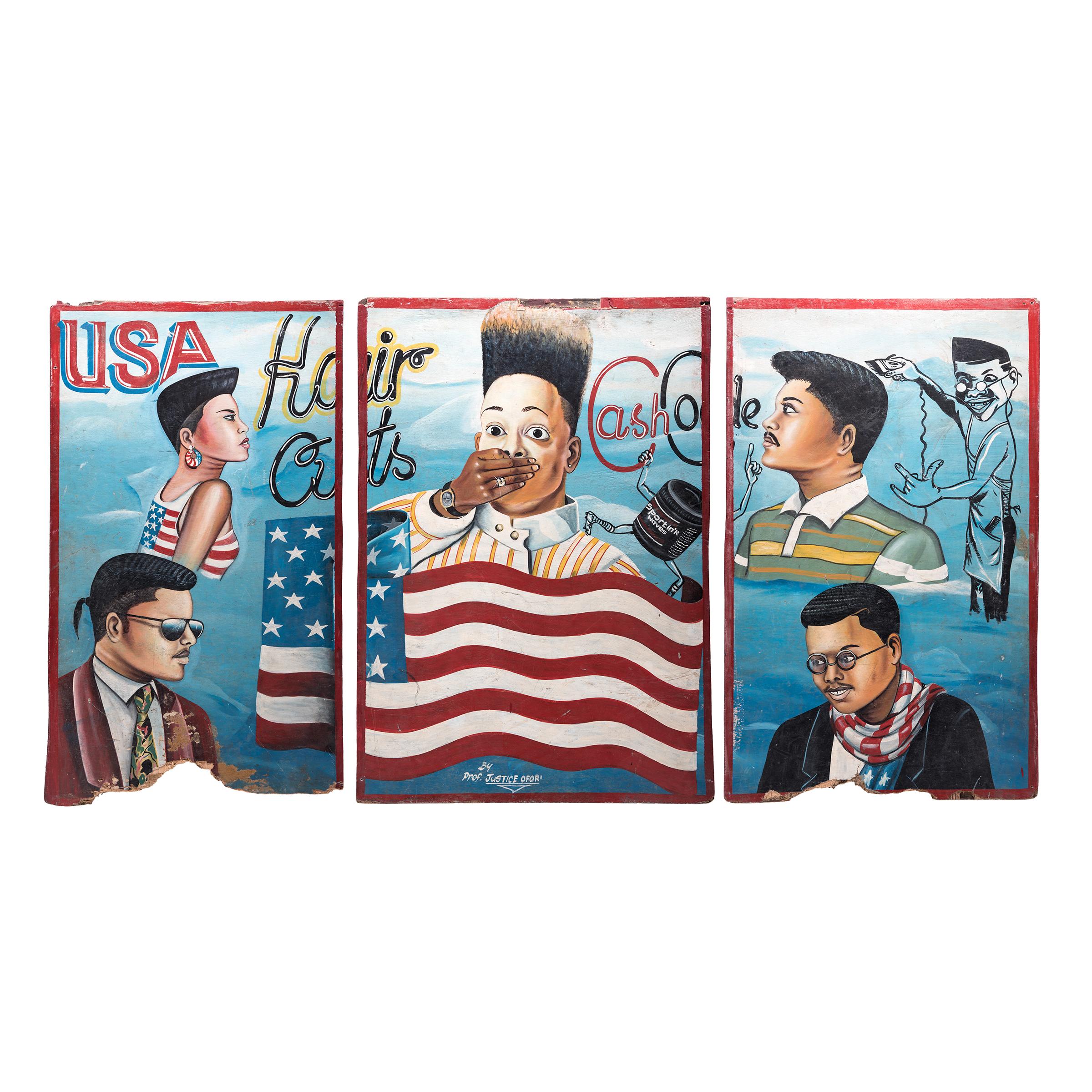 Swinging from trees or mounted to buildings, barbershop signs are fascinating examples of pop and folk art in 20th century Africa. Each sign was painted to take on the unique personality of the shop owner, expressing hair style options and the
