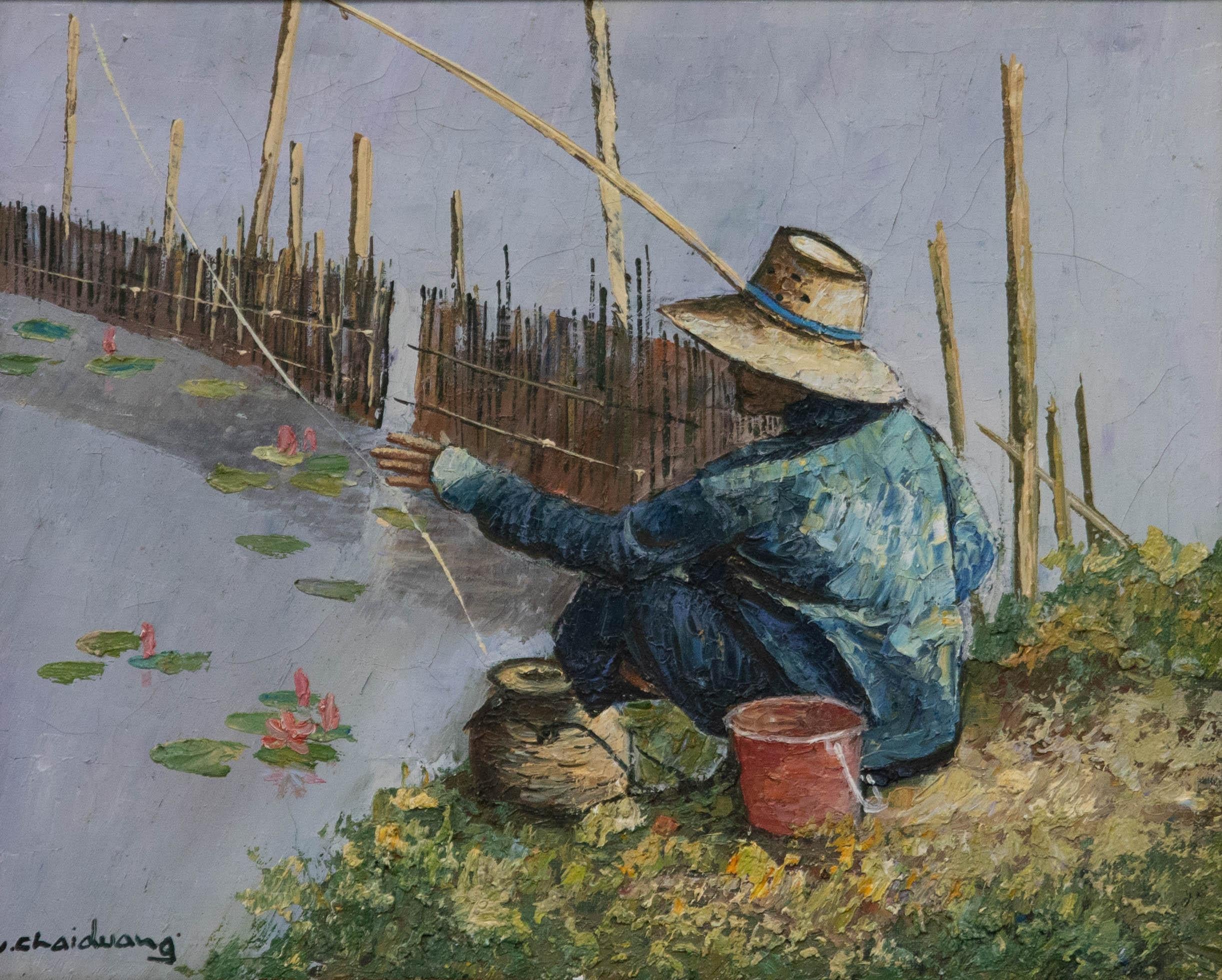 V. Chaiduang - Olio contemporaneo, pescatore sulla riva del fiume - Painting di Unknown