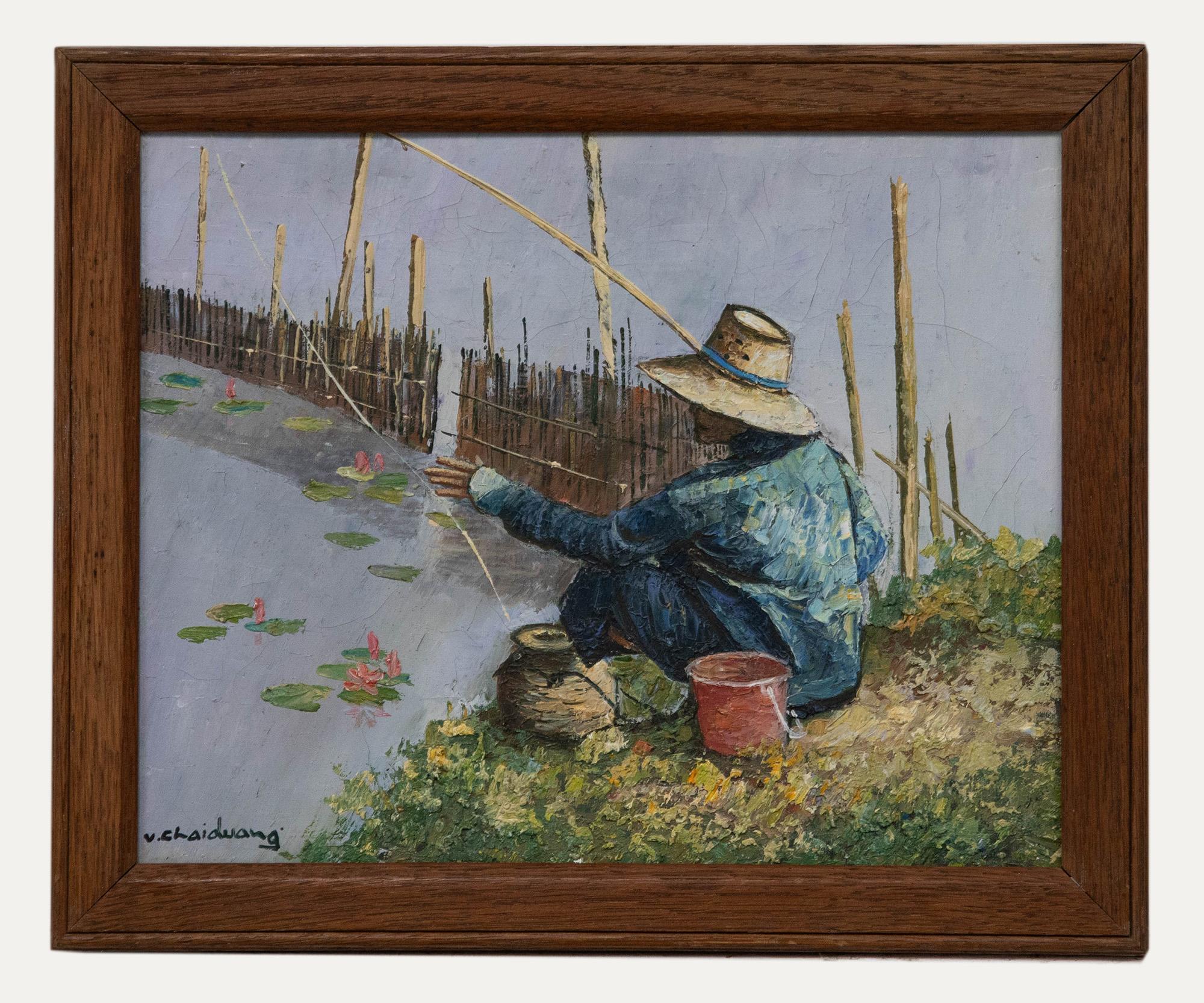 Landscape Painting di Unknown - V. Chaiduang - Olio contemporaneo, pescatore sulla riva del fiume