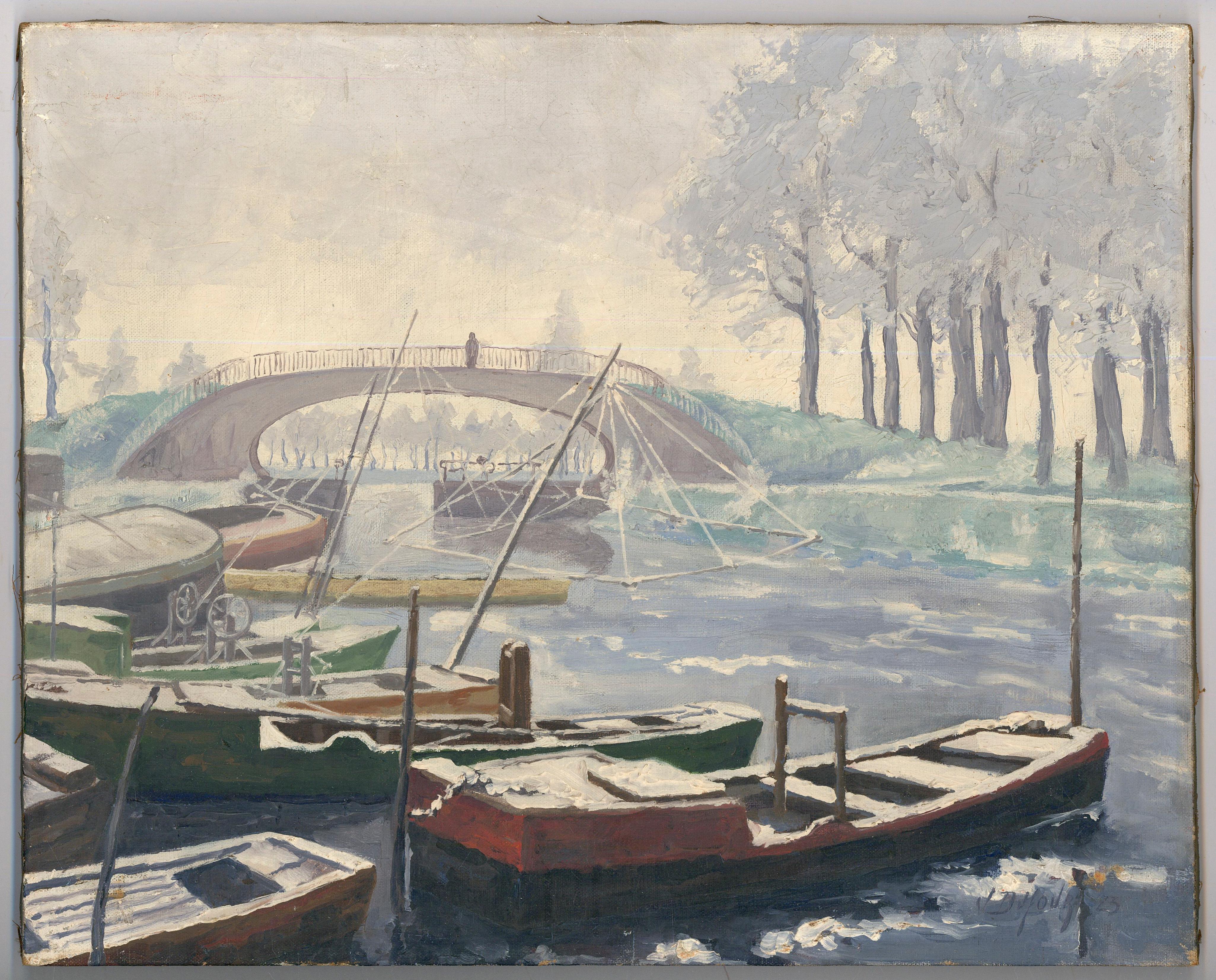 V. Dufour - 1923 Oil, Frozen Canal - Painting by Unknown