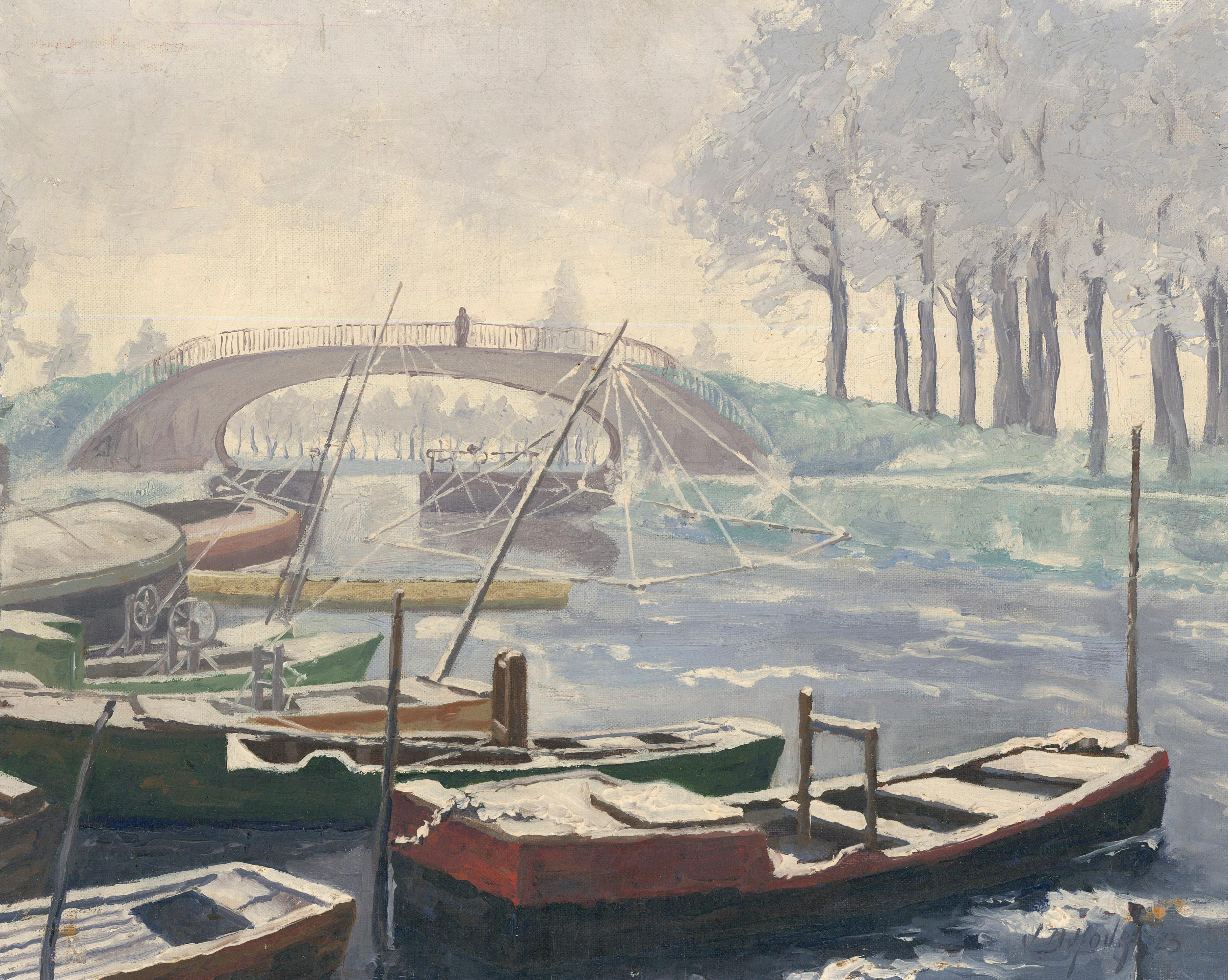 Unknown Landscape Painting - V. Dufour - 1923 Oil, Frozen Canal