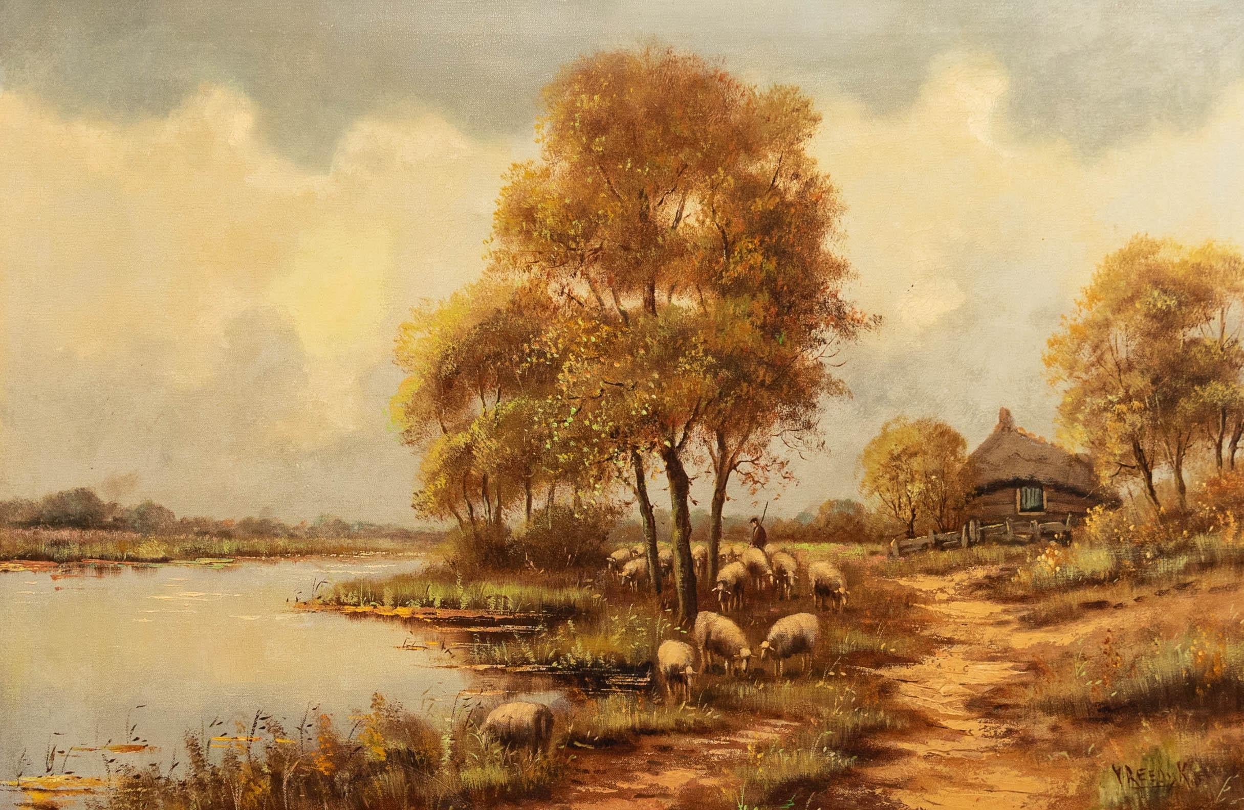 V. Schilfrohr  - Öl des 20. Jahrhunderts, Flock At The Water's Edge – Painting von Unknown
