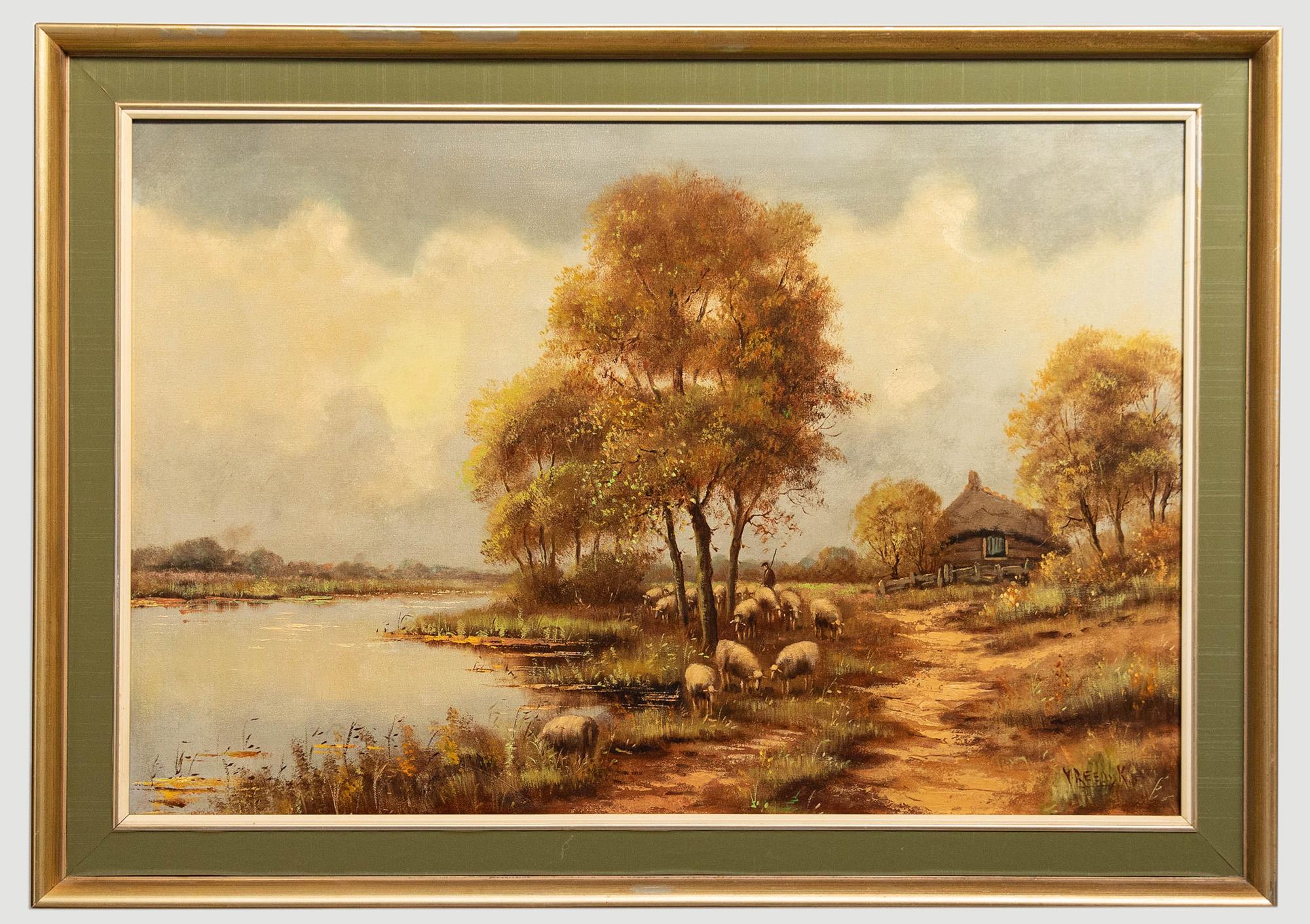 Unknown Landscape Painting – V. Schilfrohr  - Öl des 20. Jahrhunderts, Flock At The Water's Edge
