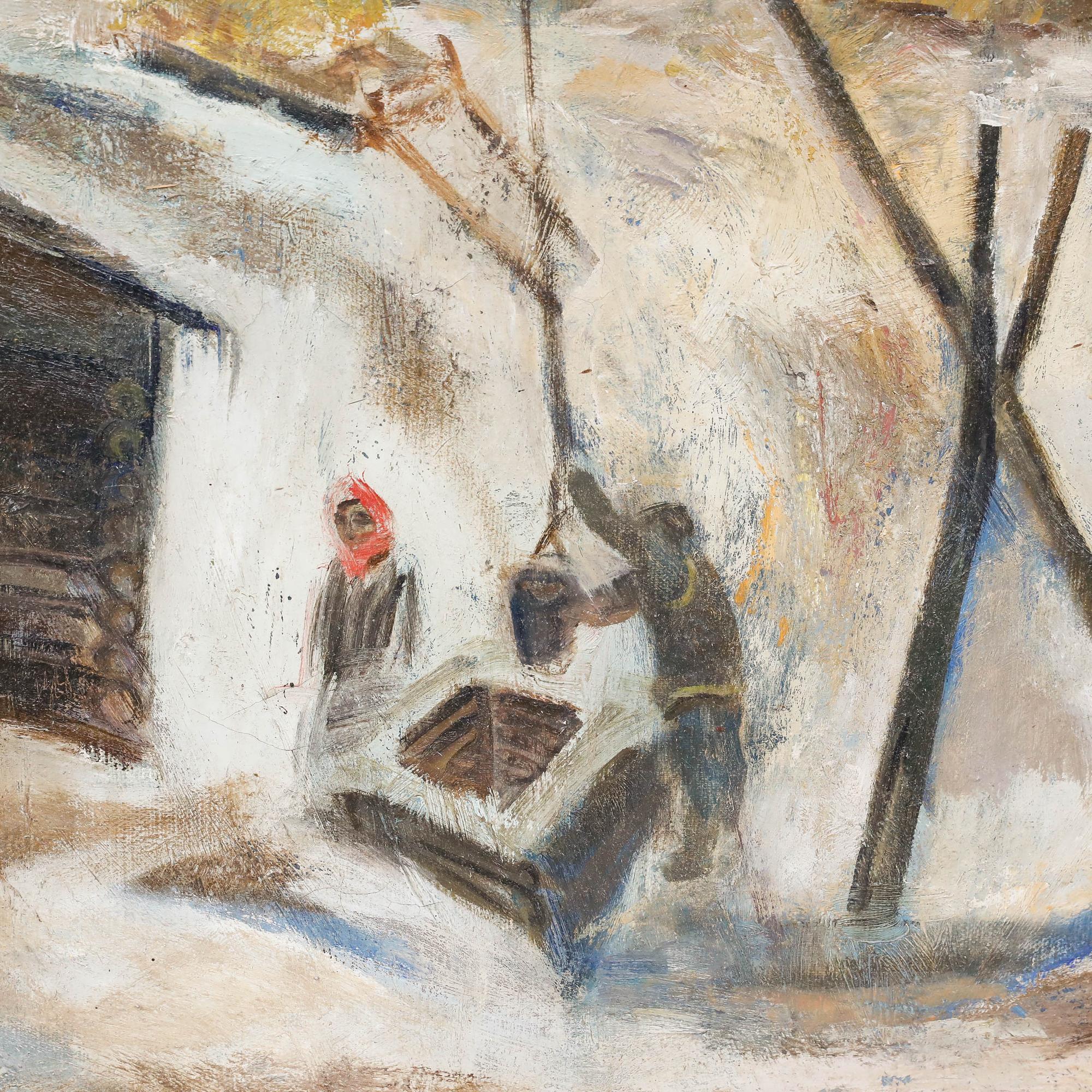 Eine ausdrucksstarke Winterszene des ukrainischen Künstlers Vadim P. Sokolov (geb. 1942), die ein Paar beim Wasserholen aus dem Dorfbrunnen zeigt. Signiert im Kunstwerk unten links, mit einer zusätzlichen Signatur, Inschrift und Datum (1988) in