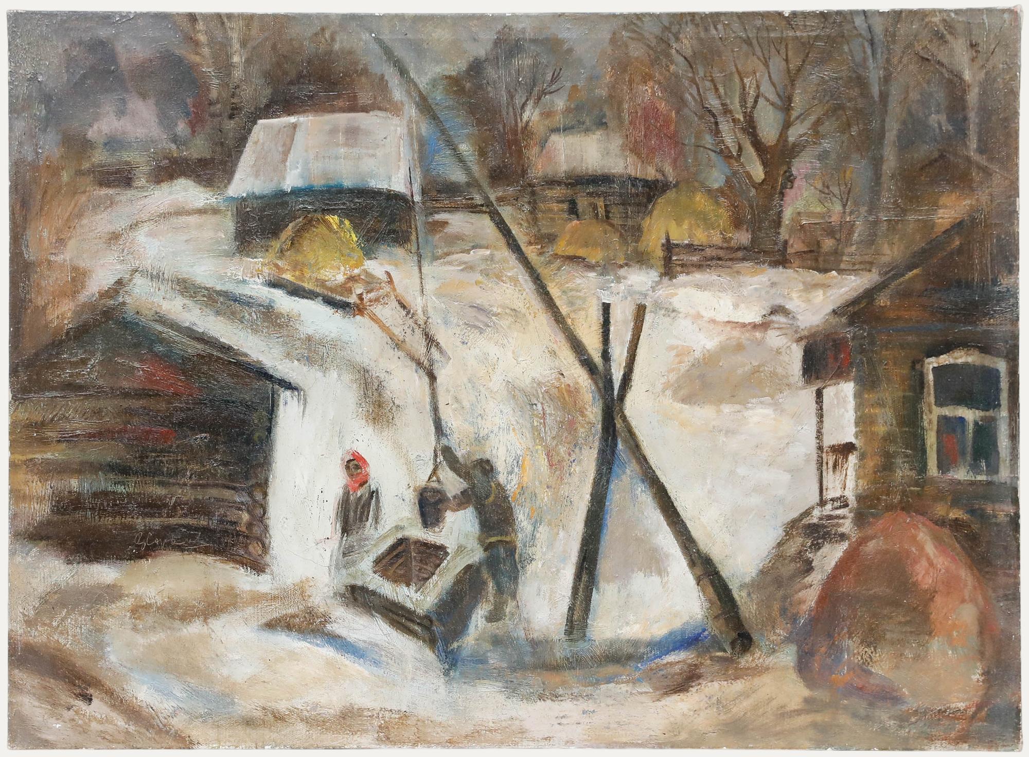 Unknown Landscape Painting – Vadim P. Sokolov (geb. 1942) - Öl des 20. Jahrhunderts, Am Brunnen