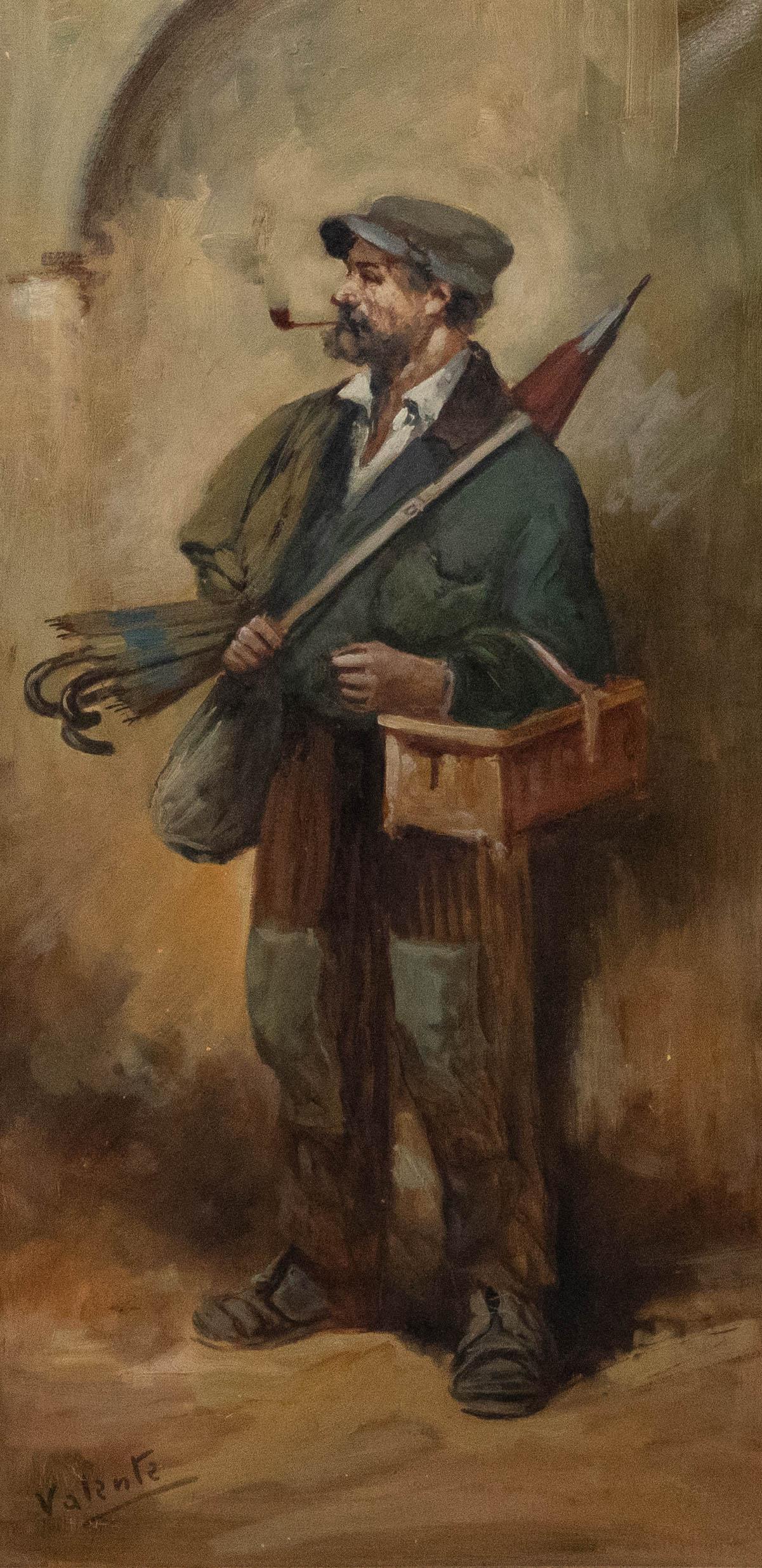 Valente - Framed Early 20th Century Oil, Portrait of an Umbrella Seller - Painting by Unknown
