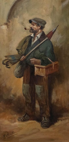 Valente - Olio dei primi del Novecento incorniciato, Ritratto di un venditore di ombrelli