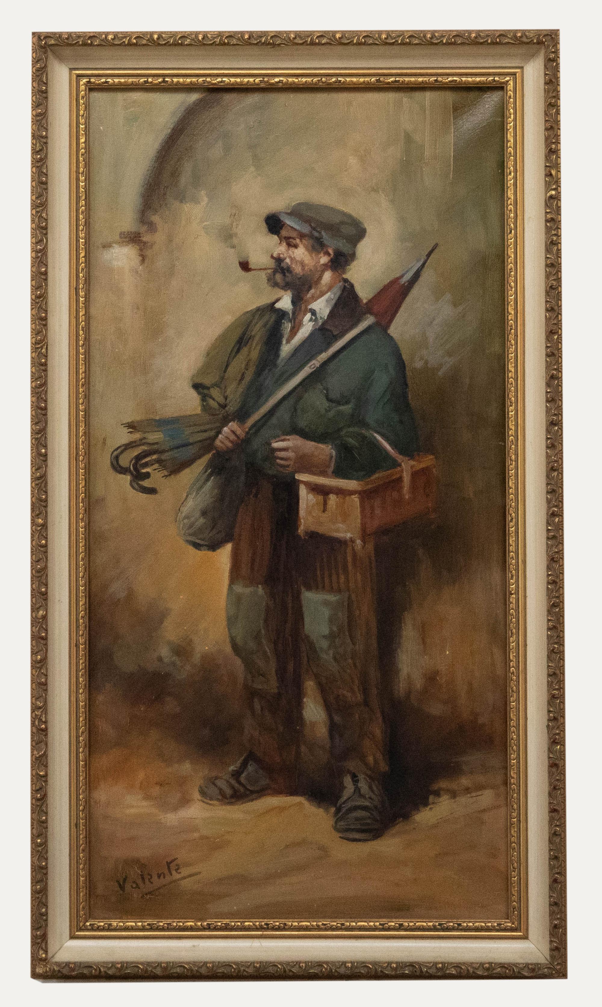 Unknown Portrait Painting - Valente - Framed Early 20th Century Oil, Portrait of an Umbrella Seller