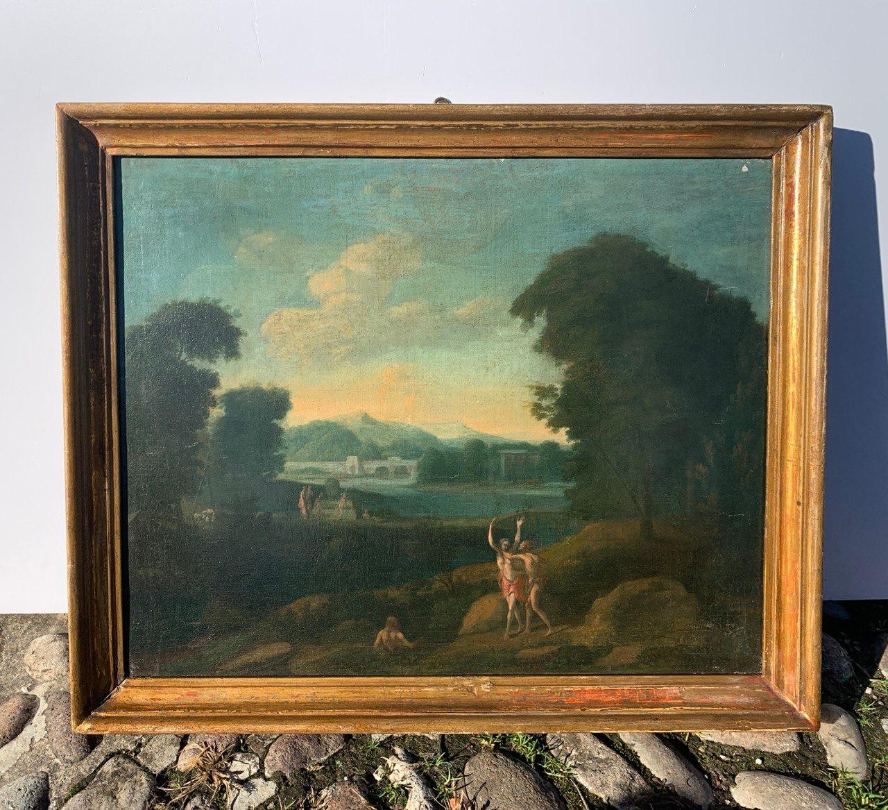 Kreis von Hendrik Frans van Lint (Antwerpen 1684 - Rom 1763) - Apollo und Daphne.

40 x 50 cm.

Altes Ölgemälde auf Leinwand, ungerahmt (nicht signiert).

Zustandsbericht: Gefütterte Leinwand. Die lackierte Oberfläche ist in gutem Zustand, mit