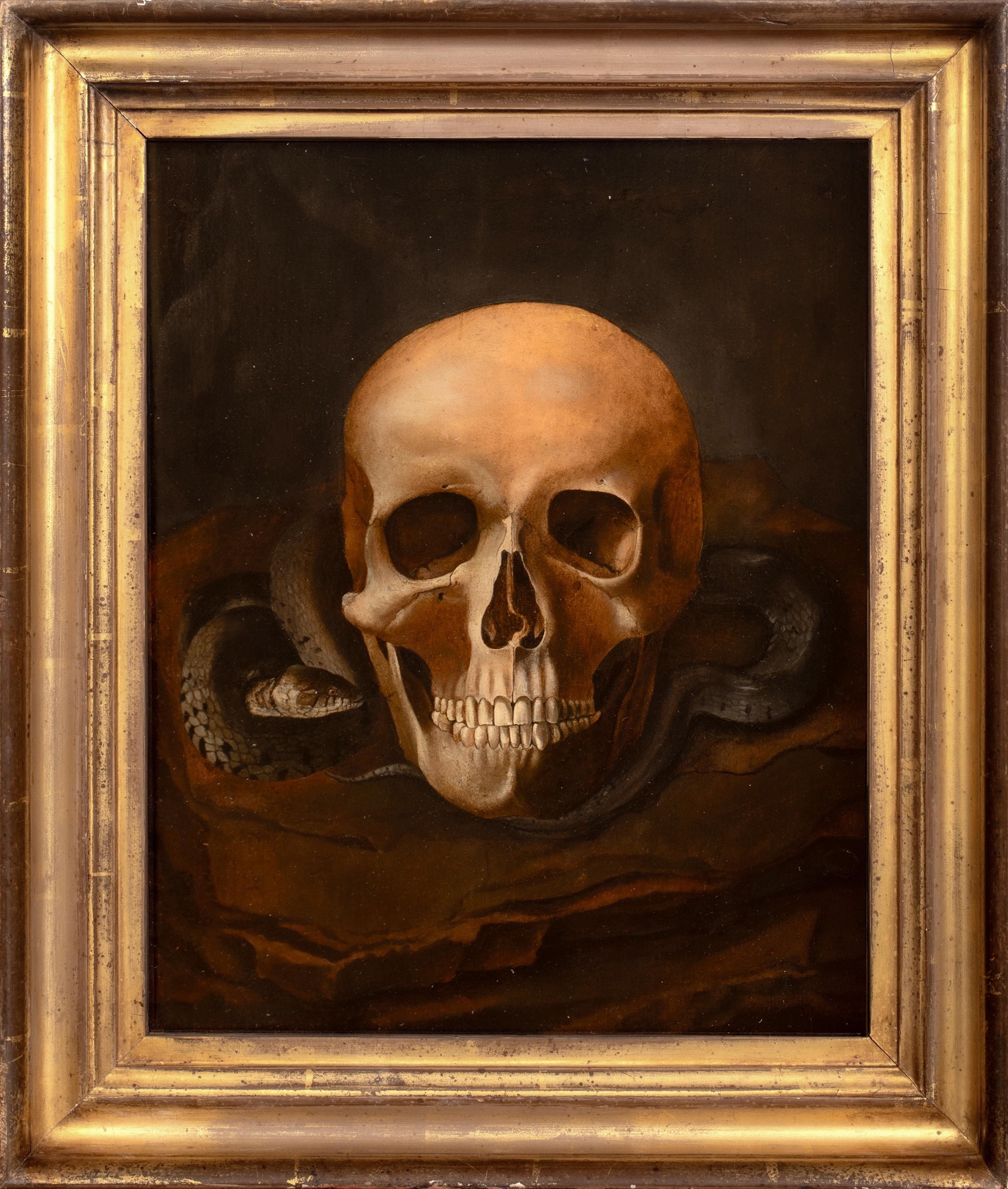 Vanitas Still Life Of A Skull & Snake, oil on panel follower of Pieter Claesz