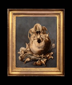 Vanitas : nature morte représentant la base d'un crâne et des os, huile sur panneau