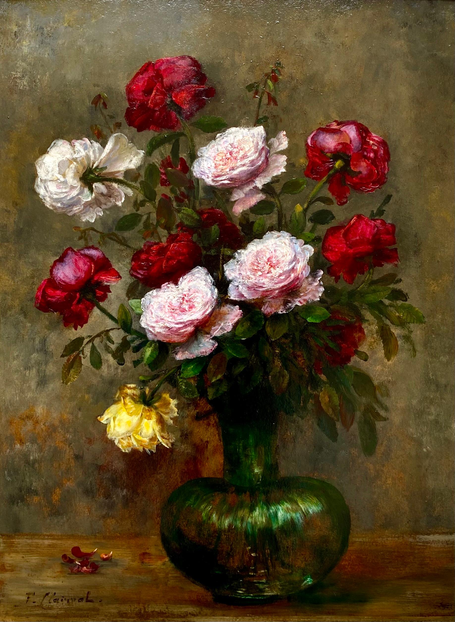 „Vasen mit bunten Rosen in einer Glasvase“ von F. Clairval – Painting von Unknown