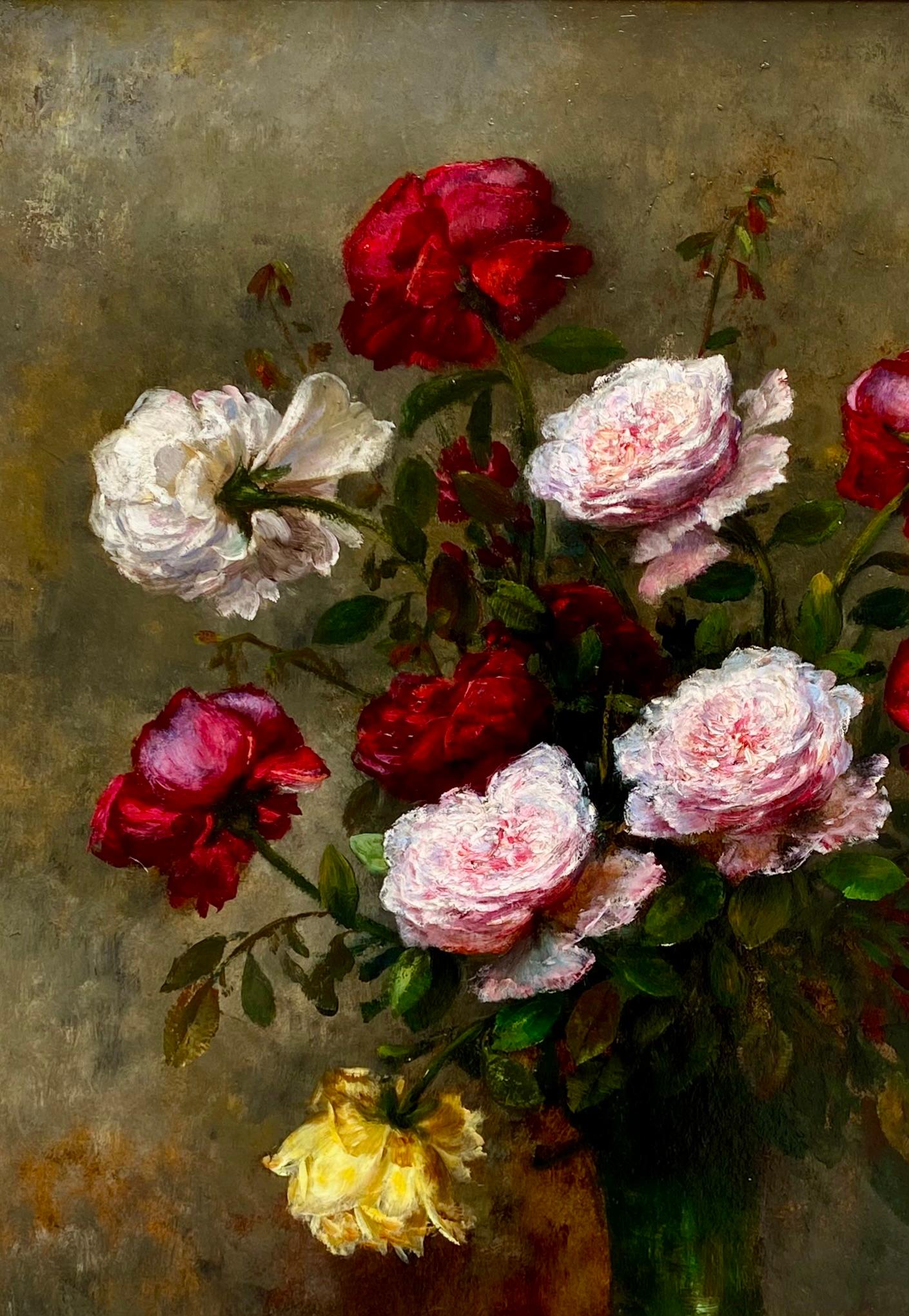 „Vasen mit bunten Rosen in einer Glasvase“ von F. Clairval (Realismus), Painting, von Unknown