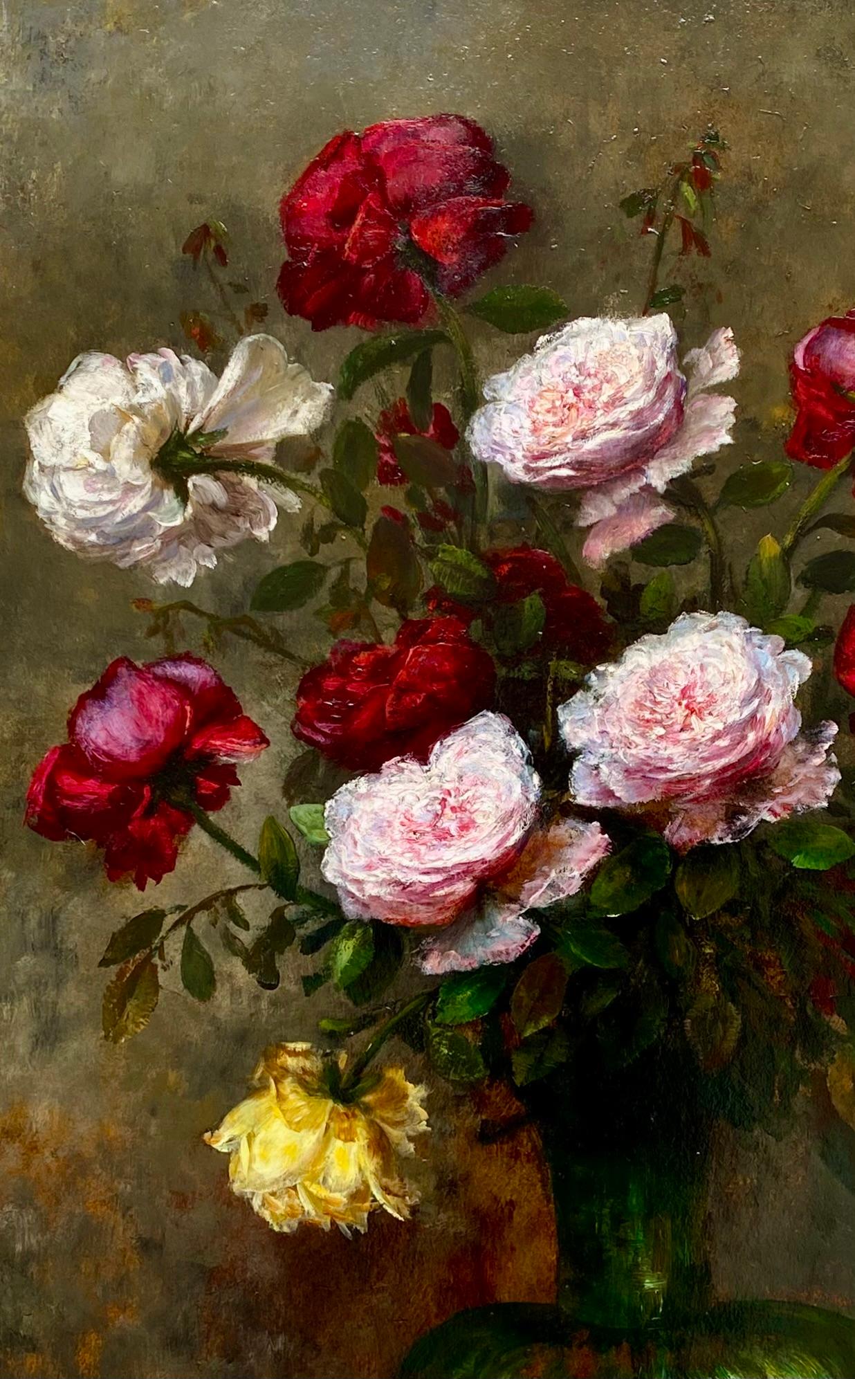 „Vasen mit bunten Rosen in einer Glasvase“ von F. Clairval (Braun), Still-Life Painting, von Unknown