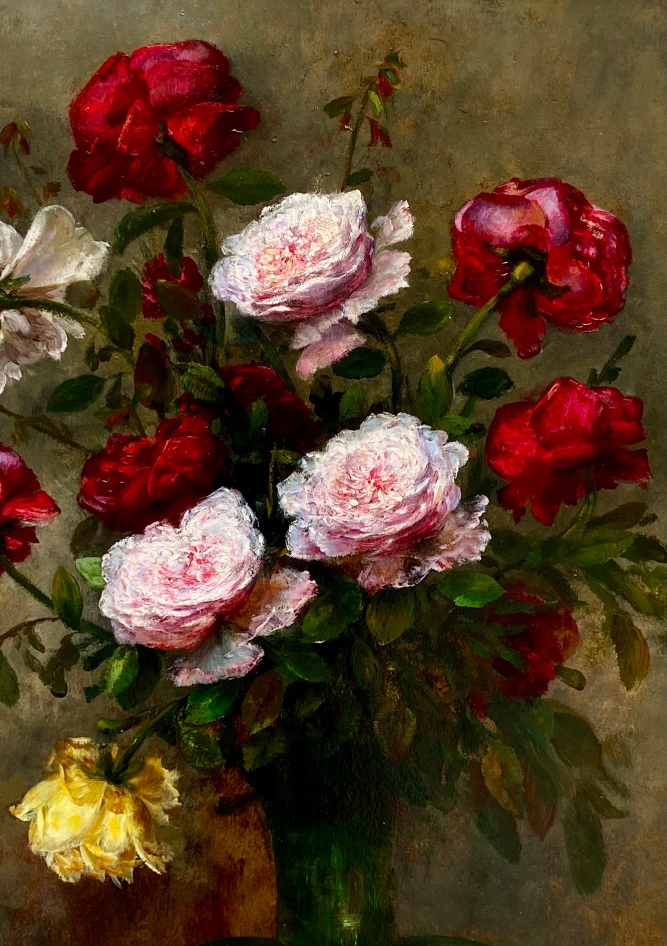 F. Clairval
Aktiv um 1900
Blumenmaler

Verschiedene bunte Rosen in einer Glasvase'.

Signatur: signiert unten links  'F. Clairval'
Medium: Öl auf Karton
Abmessungen: Bildgröße 67 x 49 cm, Rahmengröße 84 x 67 cm 

Biographie: F. Clairval war ein zu