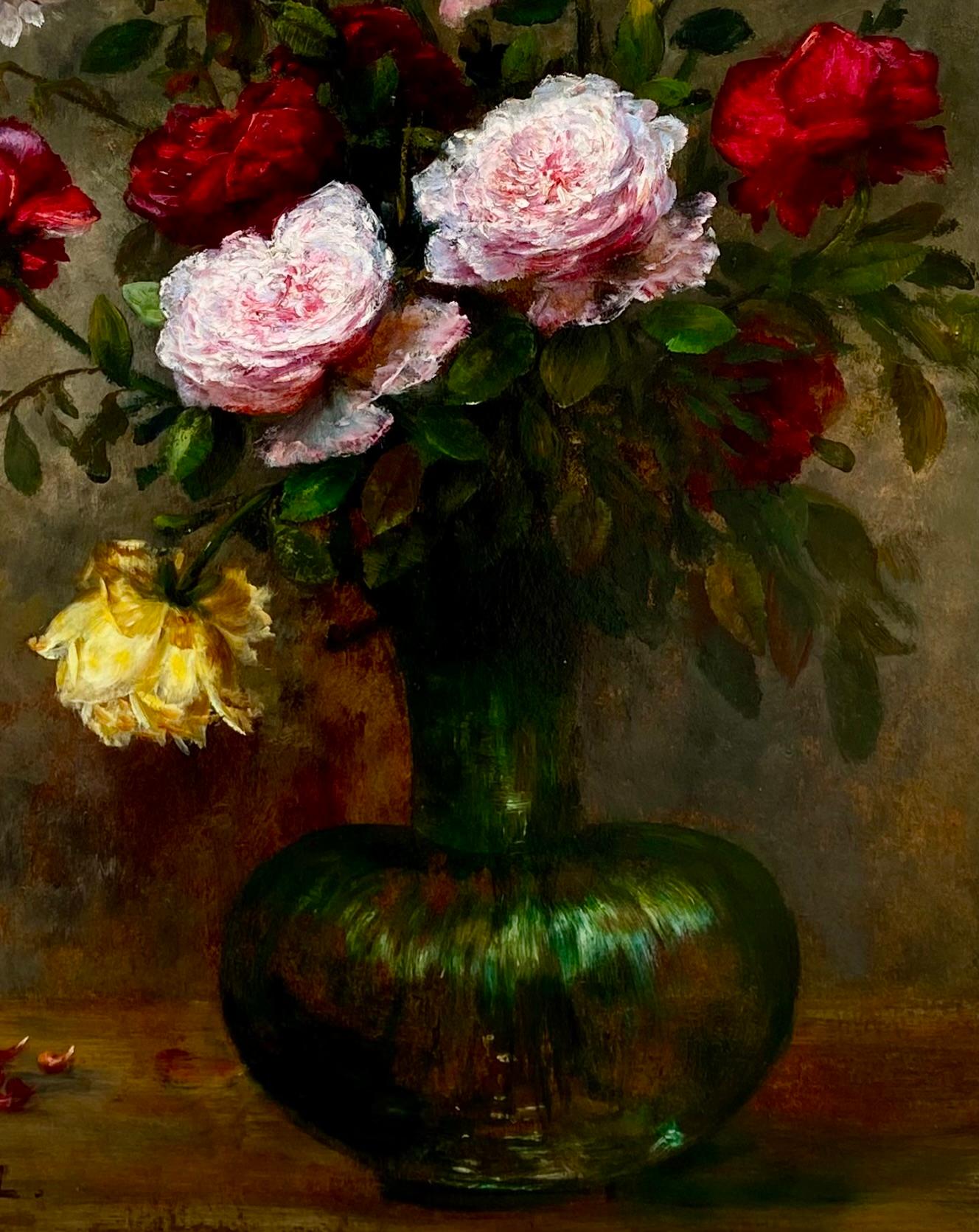 „Vasen mit bunten Rosen in einer Glasvase“ von F. Clairval im Angebot 1