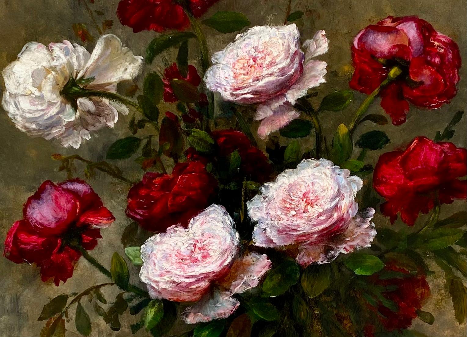 „Vasen mit bunten Rosen in einer Glasvase“ von F. Clairval im Angebot 3