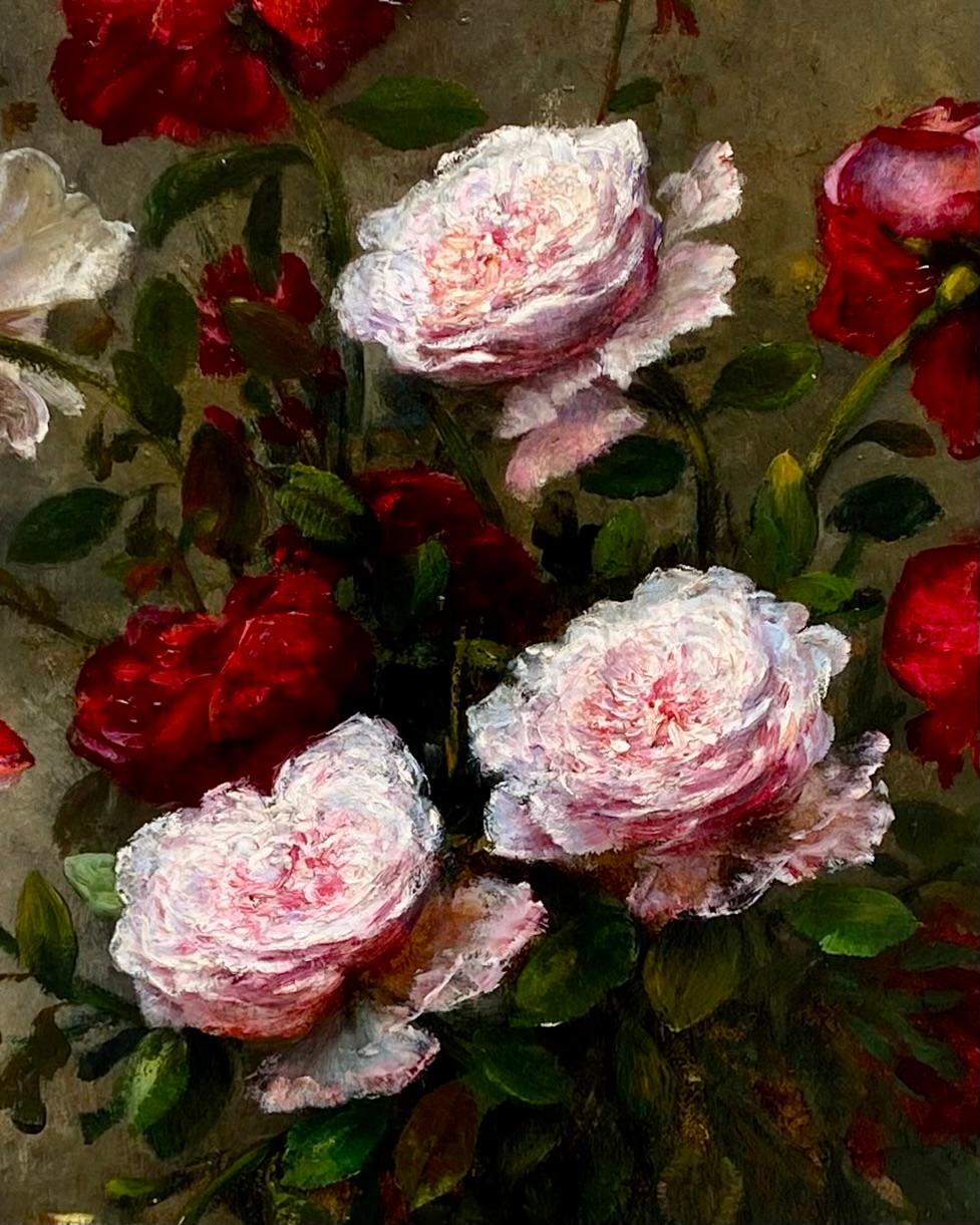 „Vasen mit bunten Rosen in einer Glasvase“ von F. Clairval im Angebot 4