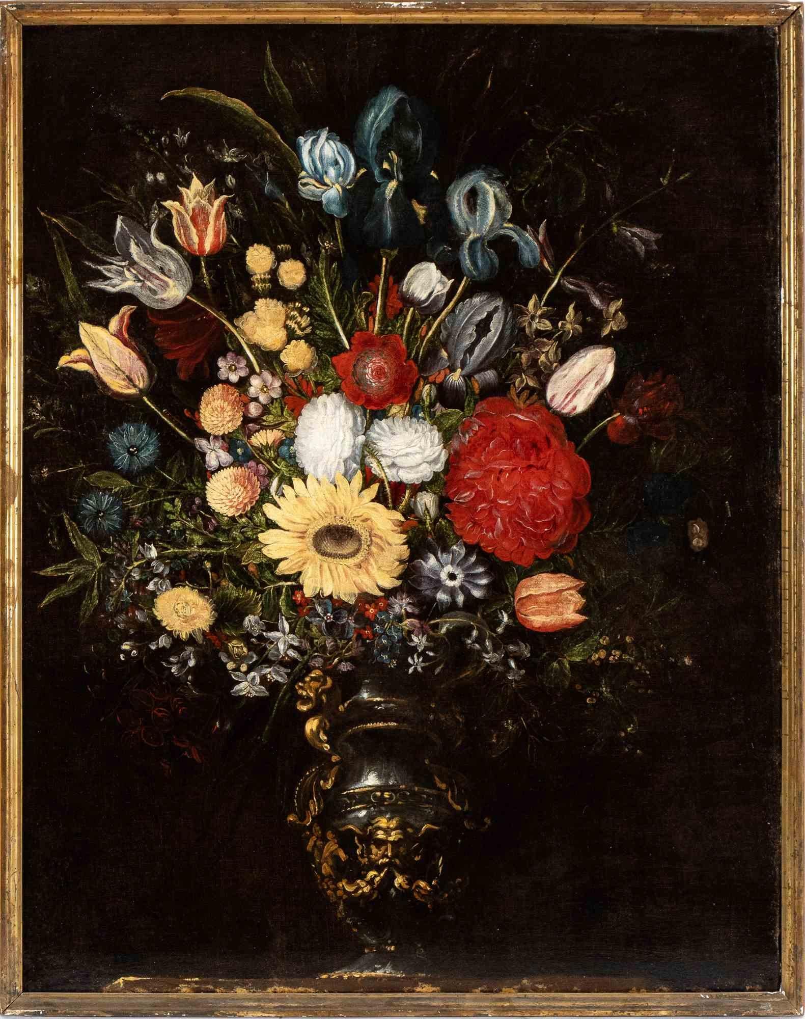 Vase of Flowers in a Metal Vase with a Mask - Oil Paint - Early 17th Century - Painting by Unknown