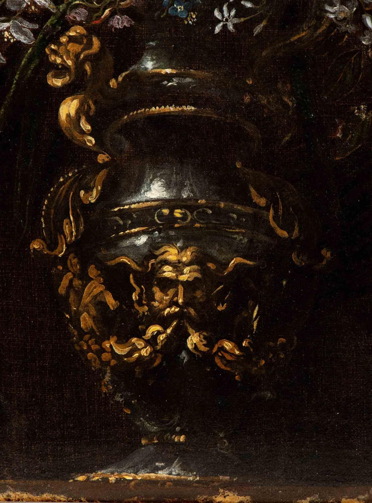 Vase of Flowers in a Metal Vase with a Mask - Oil Paint - Early 17th Century - Baroque Painting by Unknown