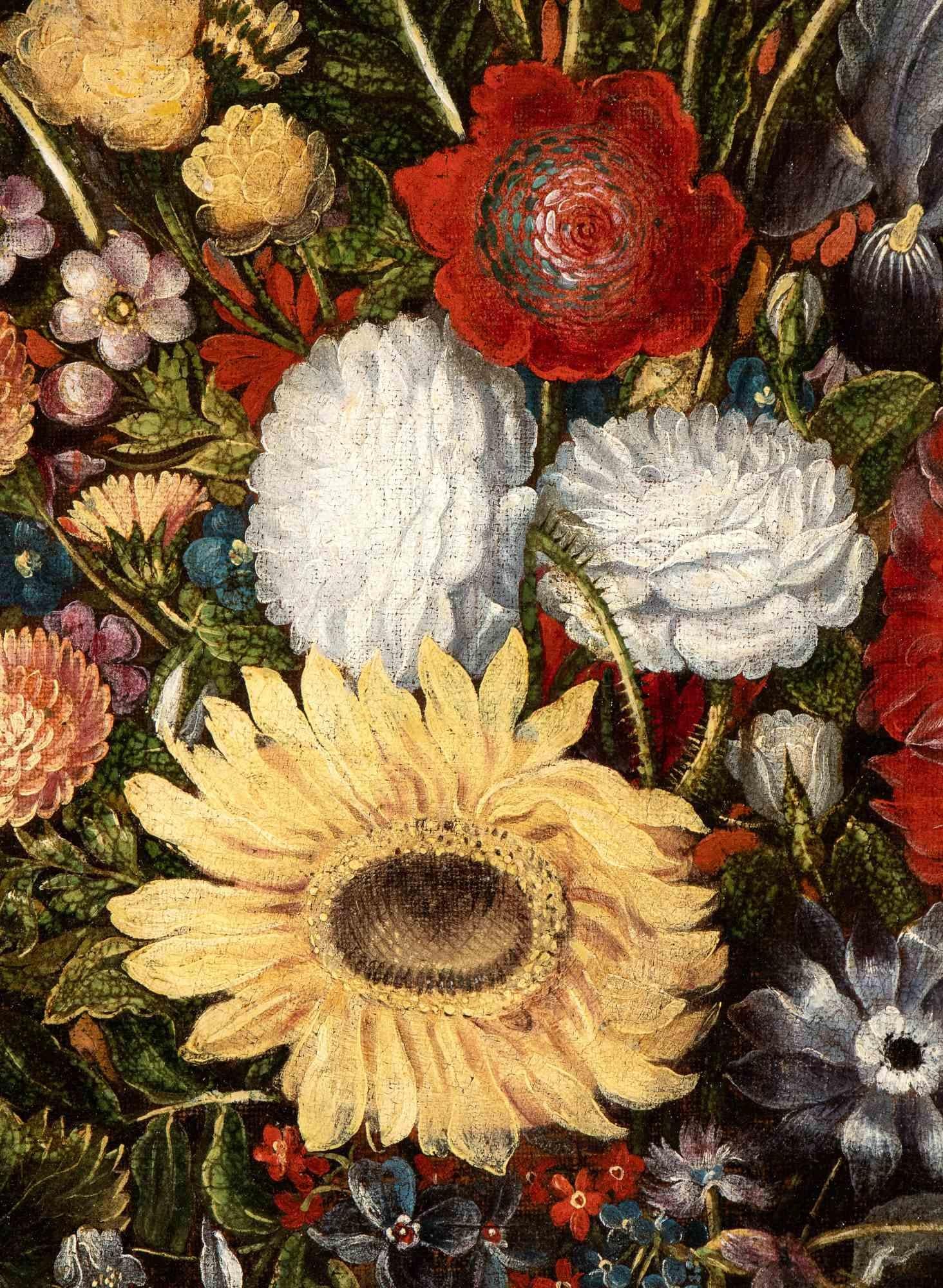 A magnificent oil on canvas representing a Vase of Flowers in a Metal Vase with a Mask, realized by an italian artist in the first half of 17th Century.

In very good condition, it includes a wooden frame.