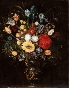 Vase de fleurs dans un vase en métal avec un masque - peinture à l'huile du début du 17ème siècle