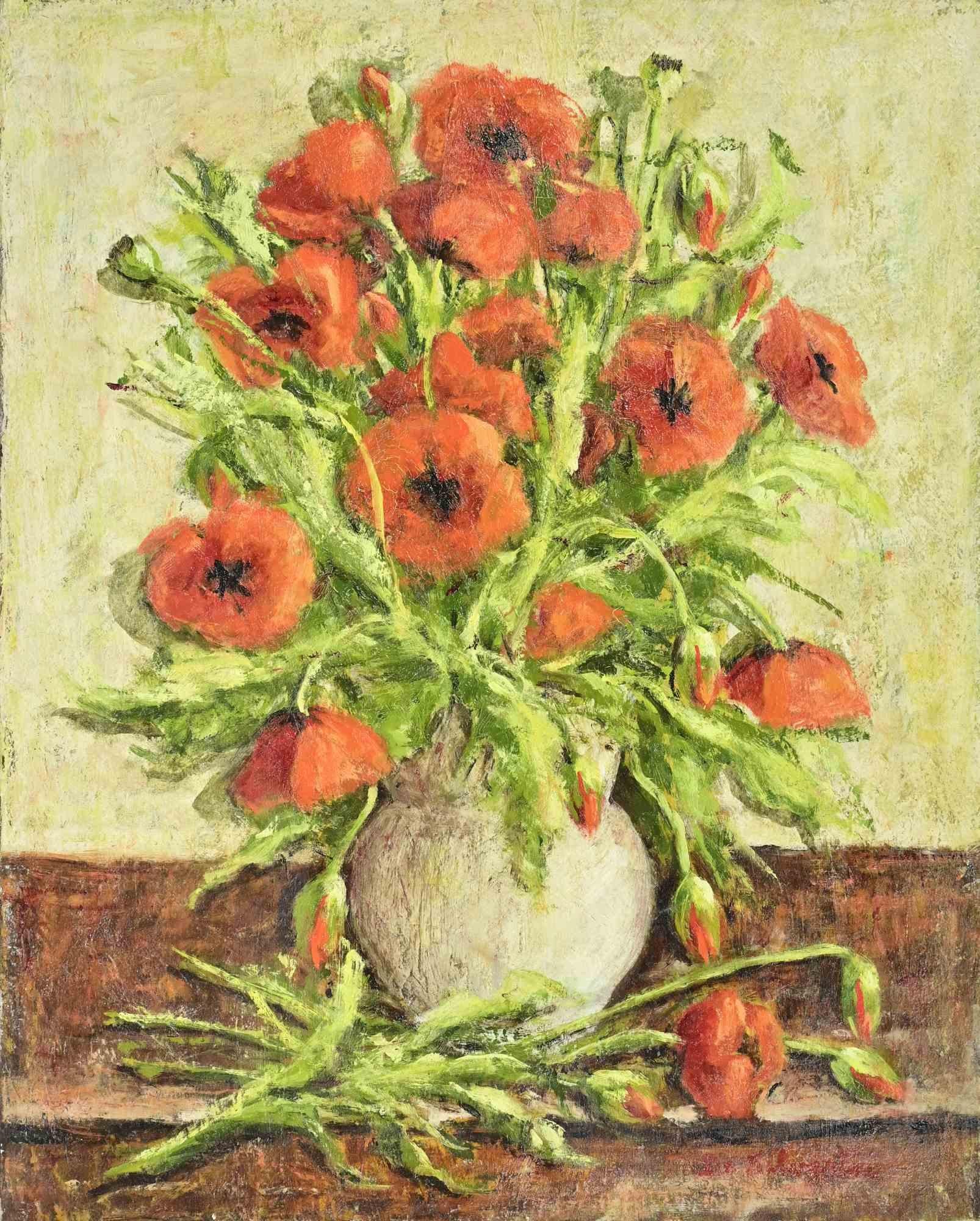 Jarrón de flores - Pintura al óleo - Años 90 - Painting de Unknown