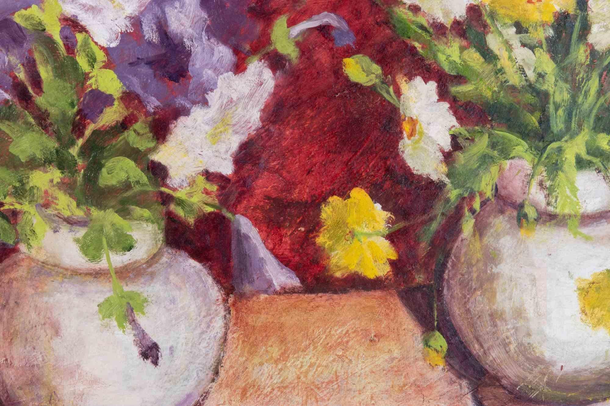 Jarrón de flores - Pintura al óleo - Años 90 - Painting de Unknown