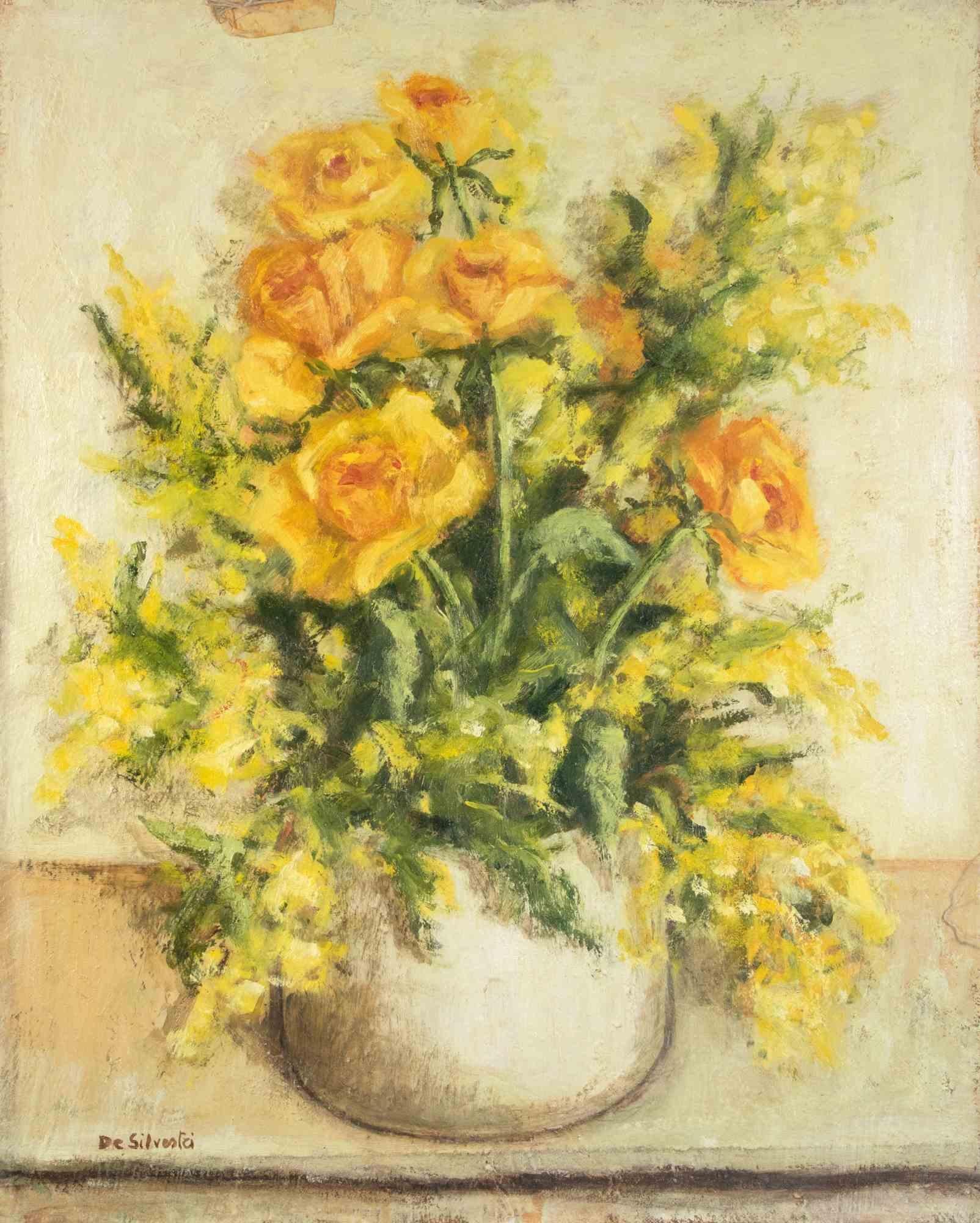 Jarrón de flores - Pintura al óleo - Años 90