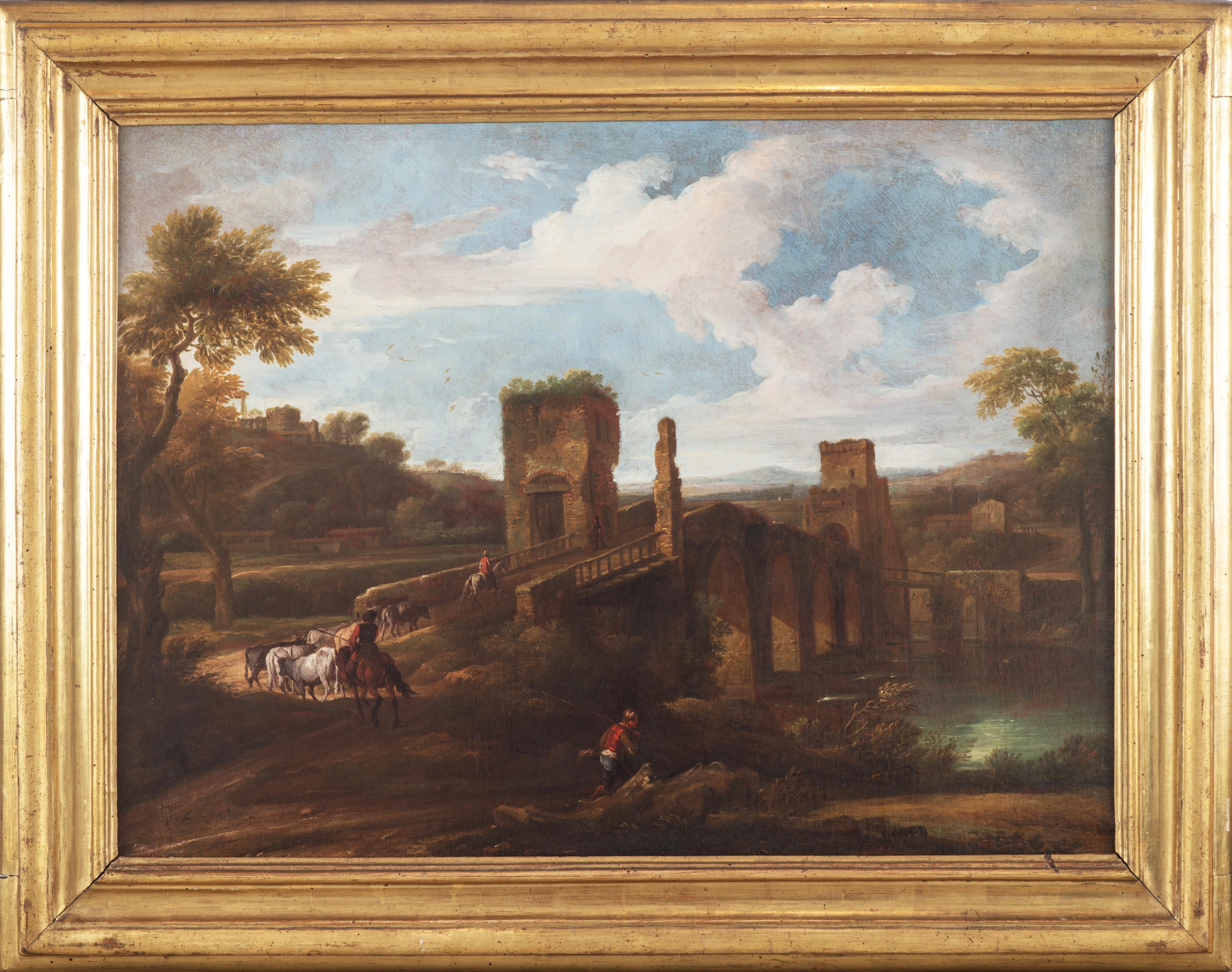 Vue du Ponte Milvio à Rome - Painting de Unknown