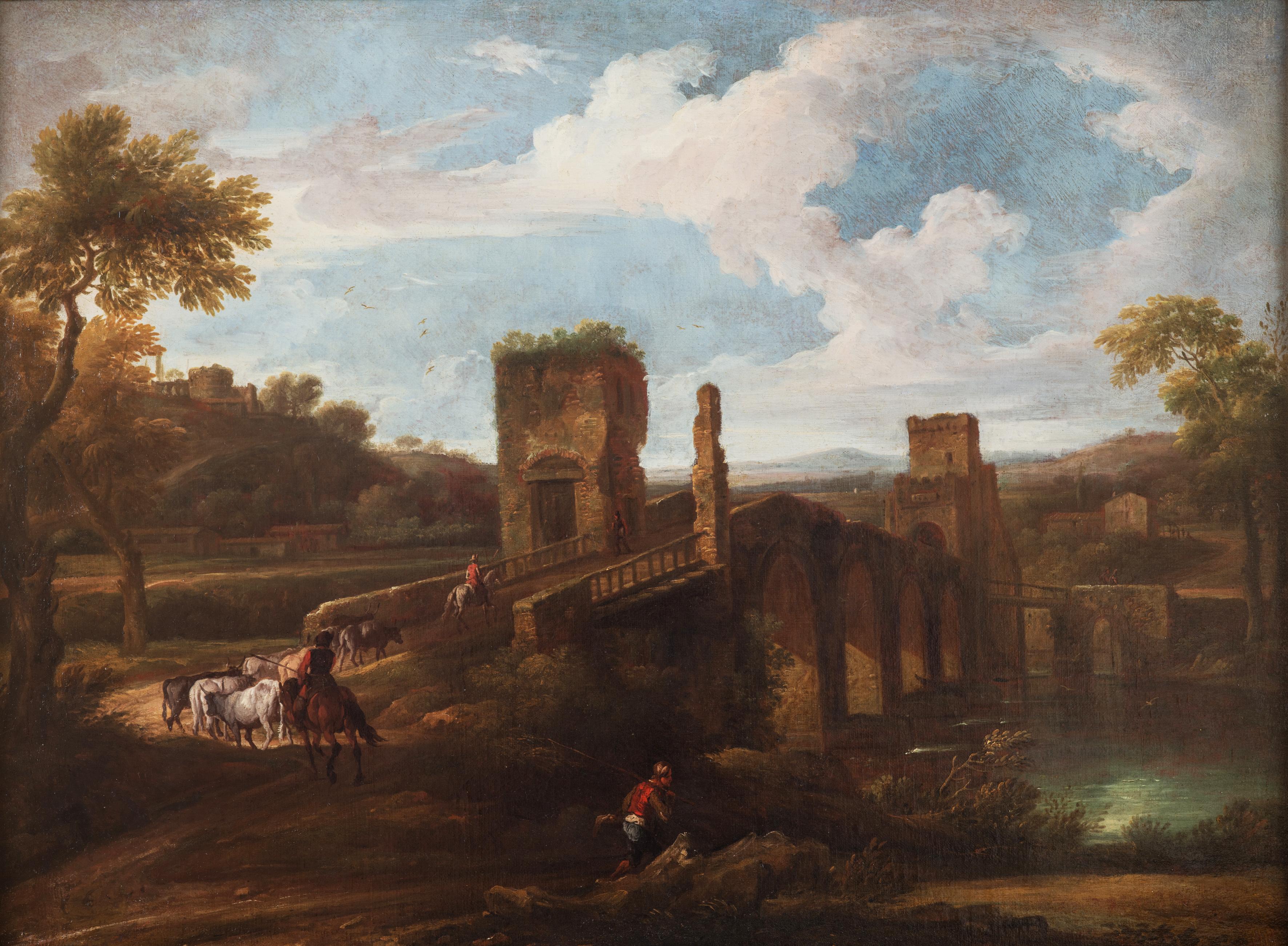 Unknown Landscape Painting - View of Ponte Milvio in Rome