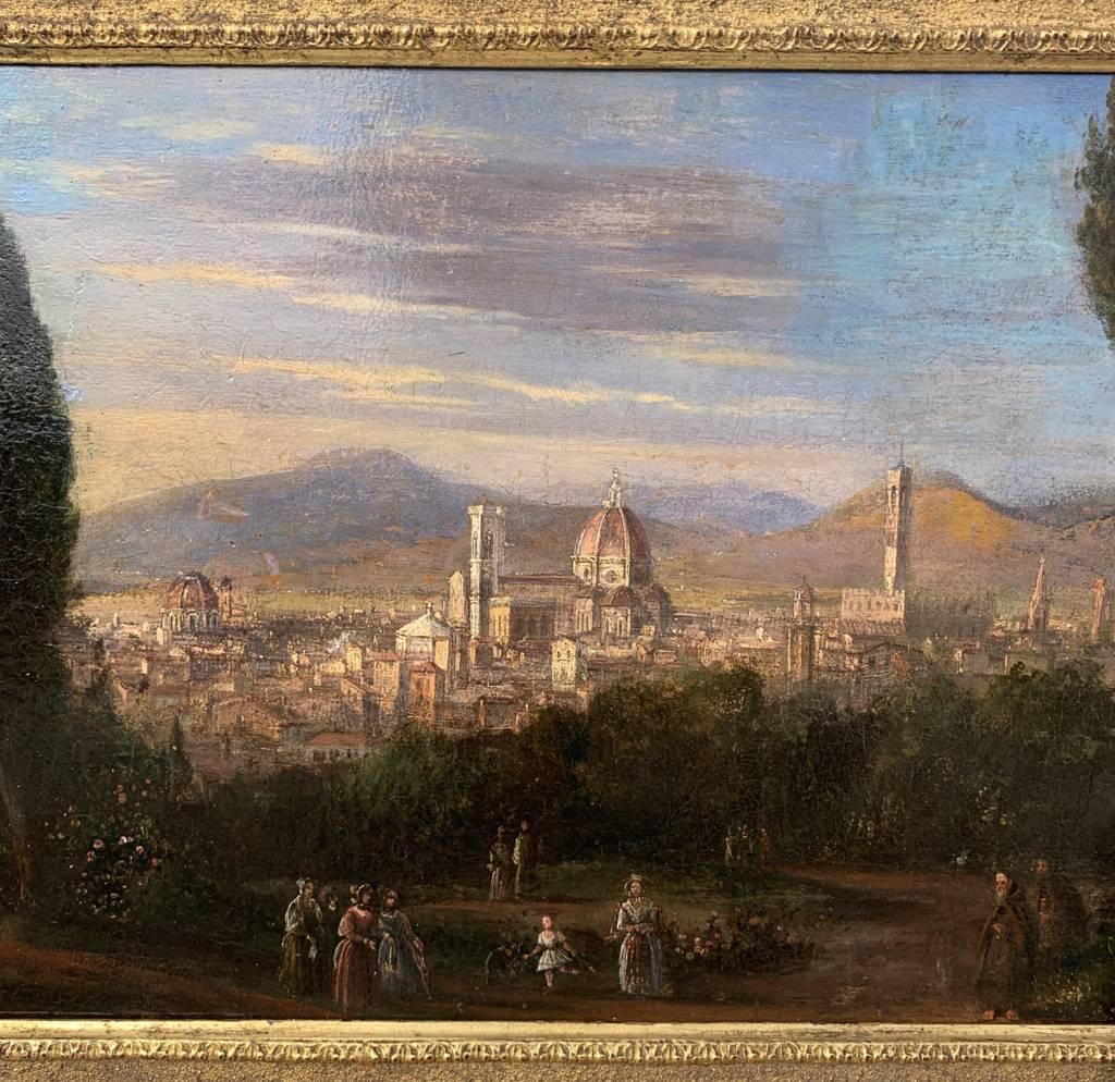 Florentiner Maler (18.-19. Jahrhundert) - Blick auf Florenz vom Piazzale Michelangelo.

32 x 51 cm ohne Rahmen, 42 x 63 cm mit Rahmen.

Antikes Ölgemälde auf Leinwand, in einem vergoldeten Holzrahmen.

Zustandsbericht: Gefütterte Leinwand. Guter