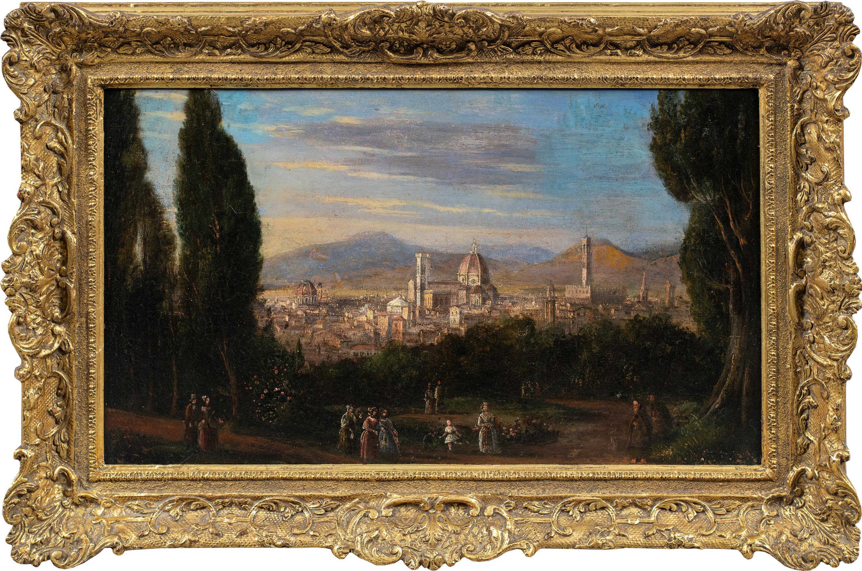 Unknown Figurative Painting – Vedutistischer italienischer Maler des Veduten – Landschaftsgemälde des 18.-19. Jahrhunderts – Ansicht von Florenz