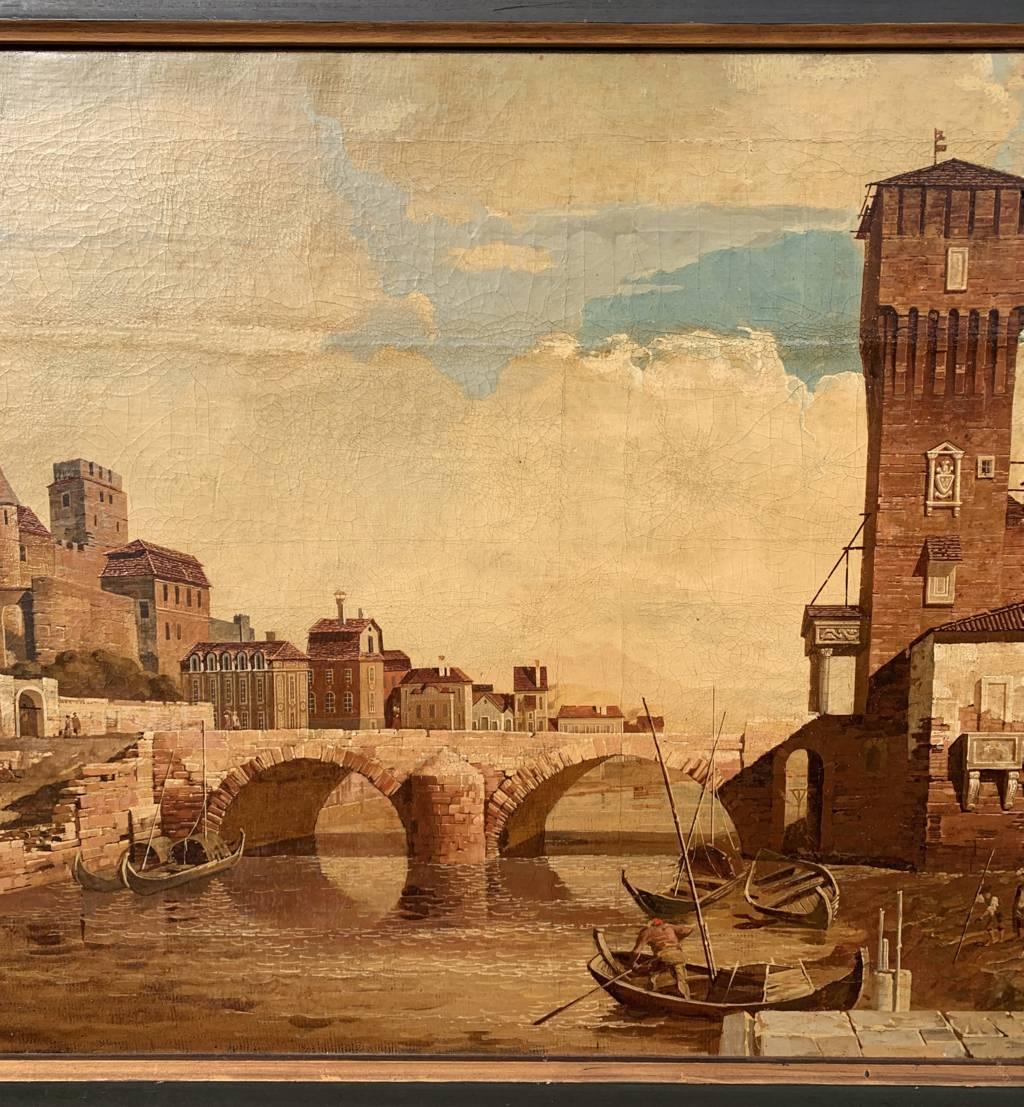 Seguidor de Bernardo Bellotto - Pintura paisajista del siglo XIX - Vista de Padua - Figurative Painting Marrón de Unknown