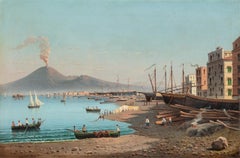 Peintre italien védutiste - 19e siècle Paysage de Naples - Vésuve