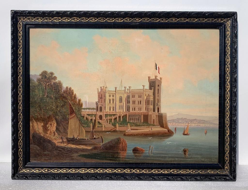 Pintor vedutista italiano - Paisaje de principios del siglo XX - Vista Trieste - Figurative Painting Negro de Unknown