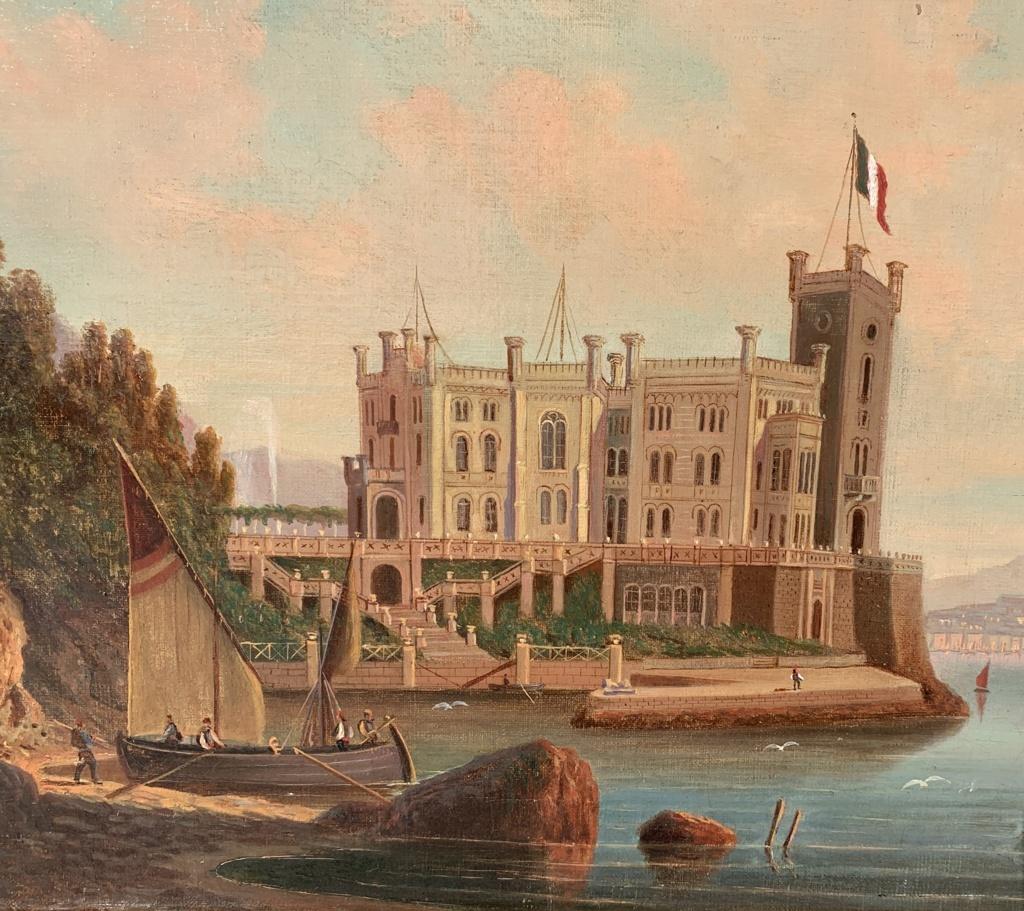 Pintor italiano (principios del siglo XX) - Trieste, vista del castillo de Miramare con la bandera italiana.

35,5 x 50 cm sin marco, 42,5 x 56,5 cm con marco.

Antigua pintura al óleo sobre lienzo, en un marco de madera tallada.

Informe de estado: