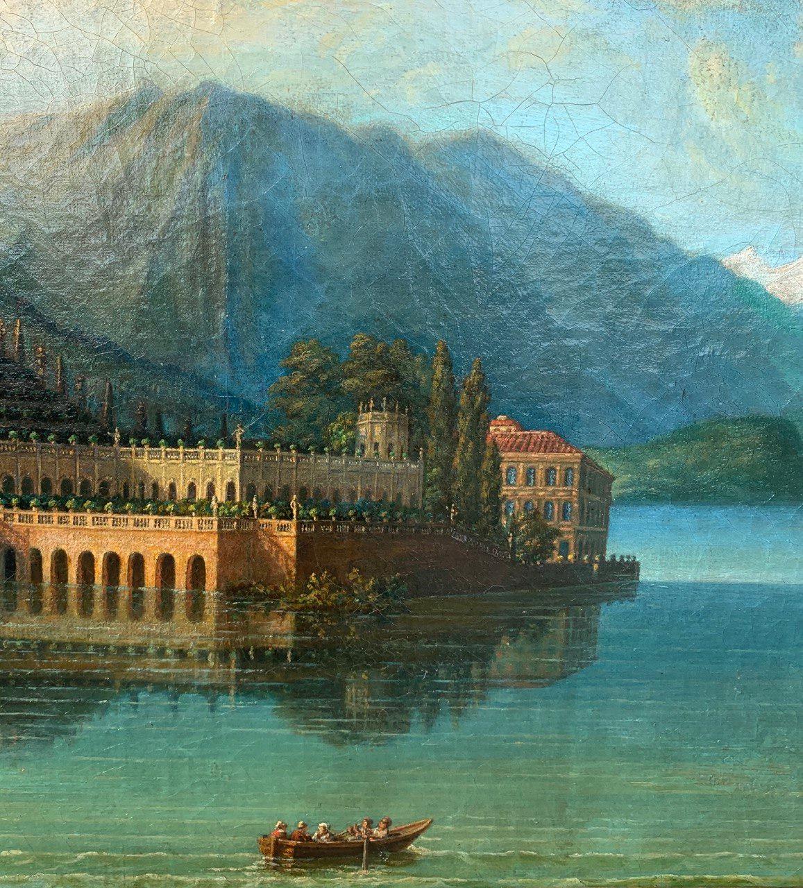 Italienischer Maler (Ende 18. Jahrhundert) - Ansicht der Isola Bella.

50 x 61,5 cm ungerahmt, 64 x 77 cm gerahmt.

Öl auf Leinwand, in einem geschnitzten und vergoldeten Holzrahmen (nicht signiert).

Zustandsbericht: Gefütterte Leinwand. Die